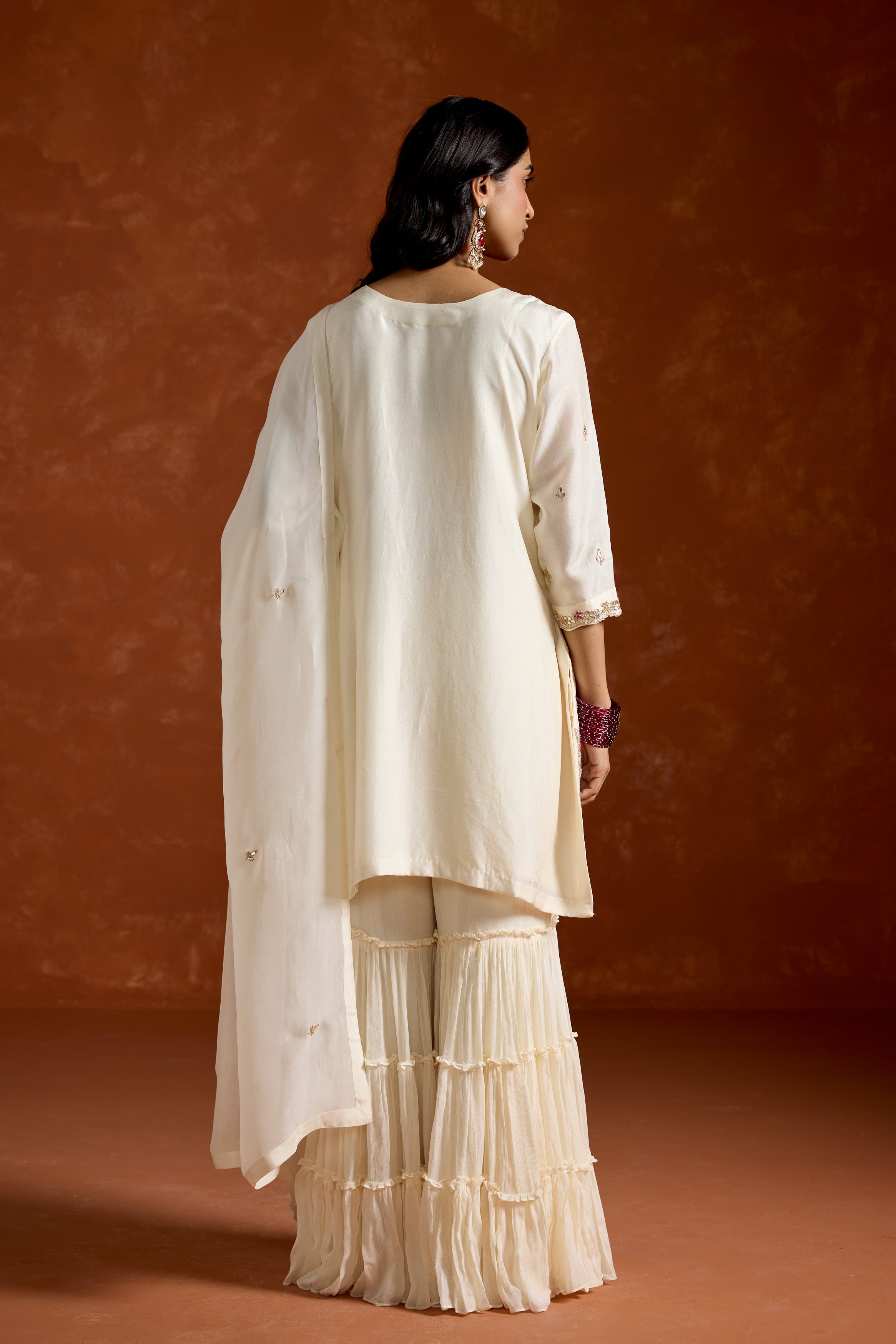 Ivory White Embellished Chinon Silk Palazzo Set
