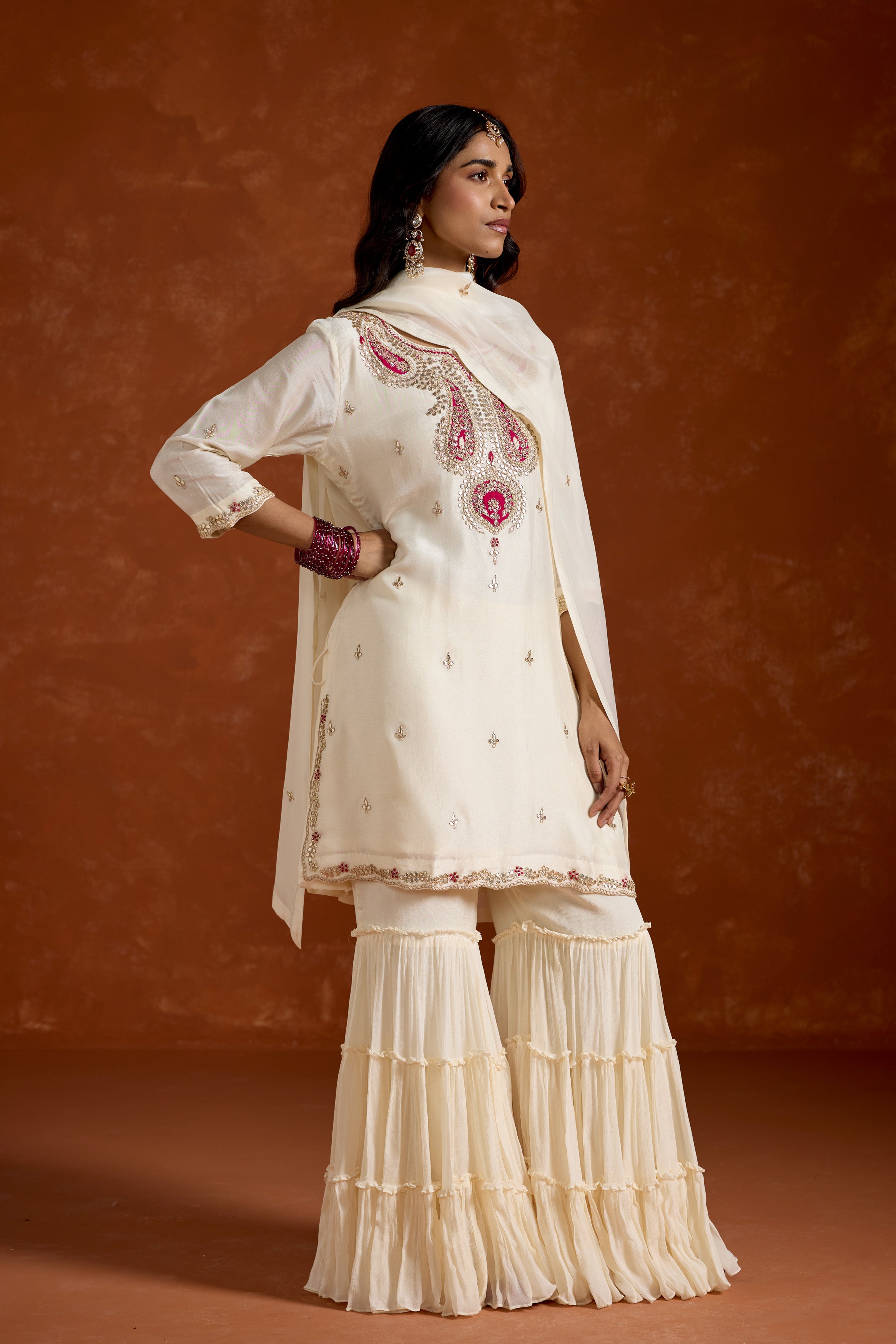 Ivory White Embellished Chinon Silk Palazzo Set