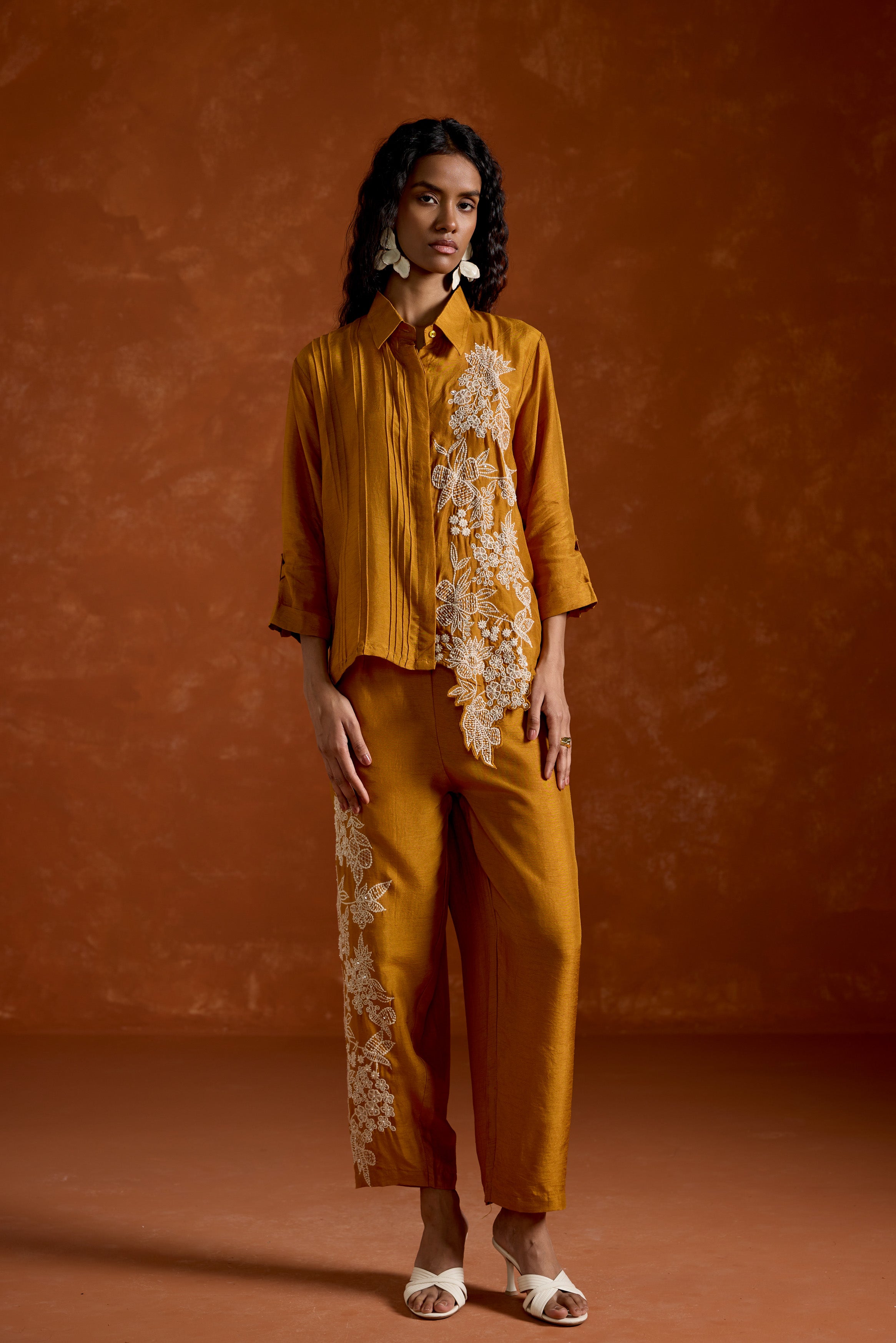 Mustard Yellow Embroidered Raw Silk Co-Ord Set