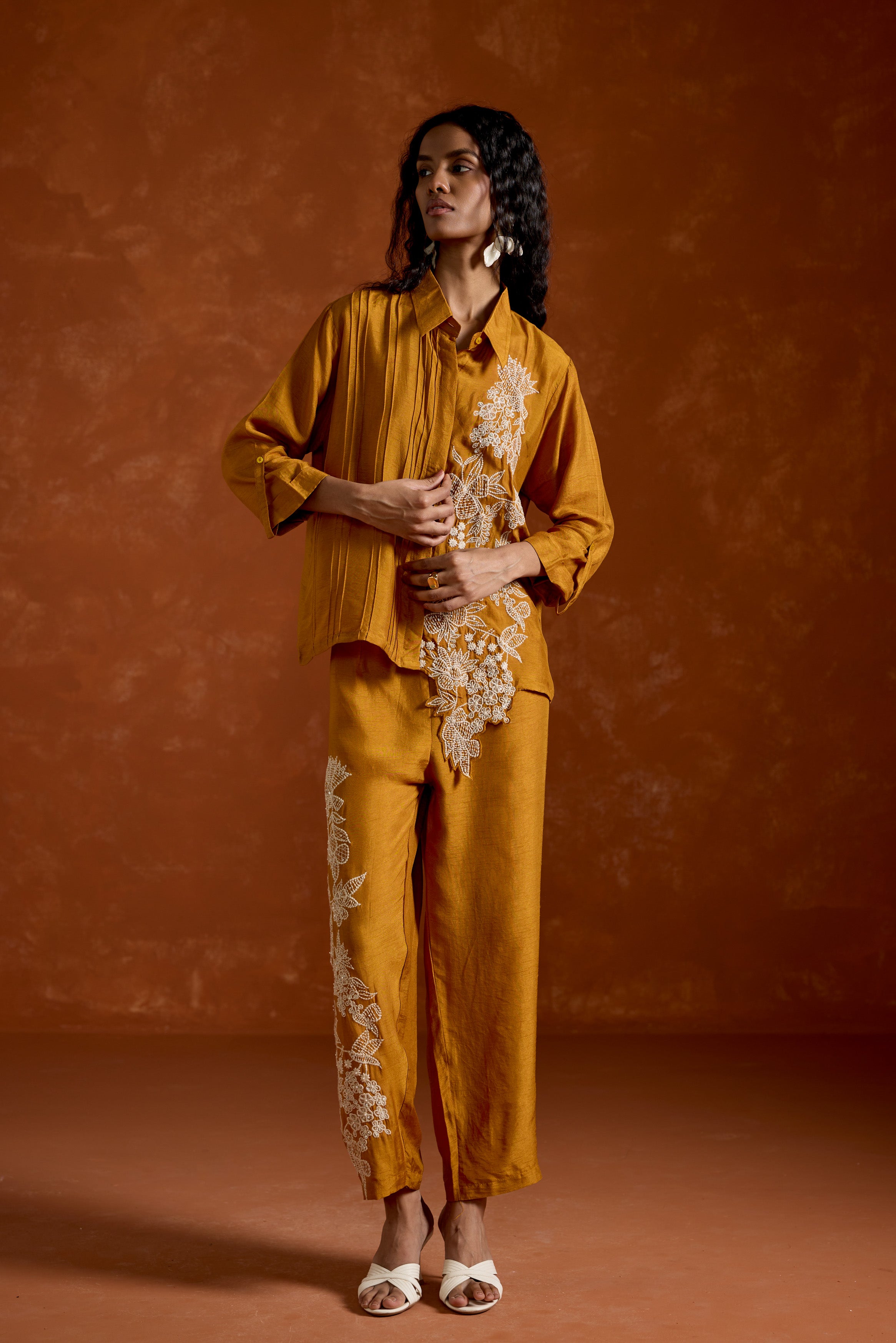 Mustard Yellow Embroidered Raw Silk Co-Ord Set