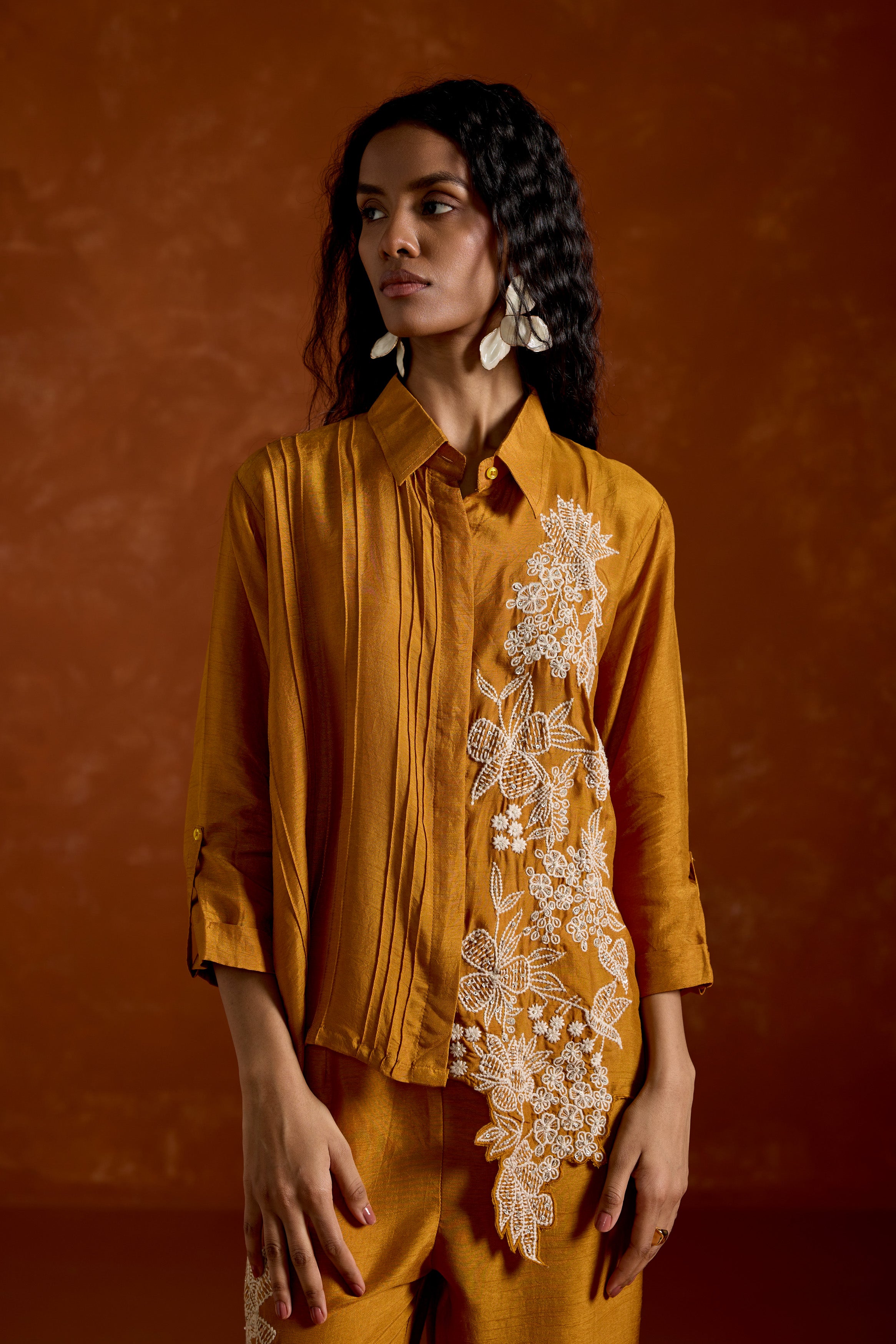 Mustard Yellow Embroidered Raw Silk Co-Ord Set