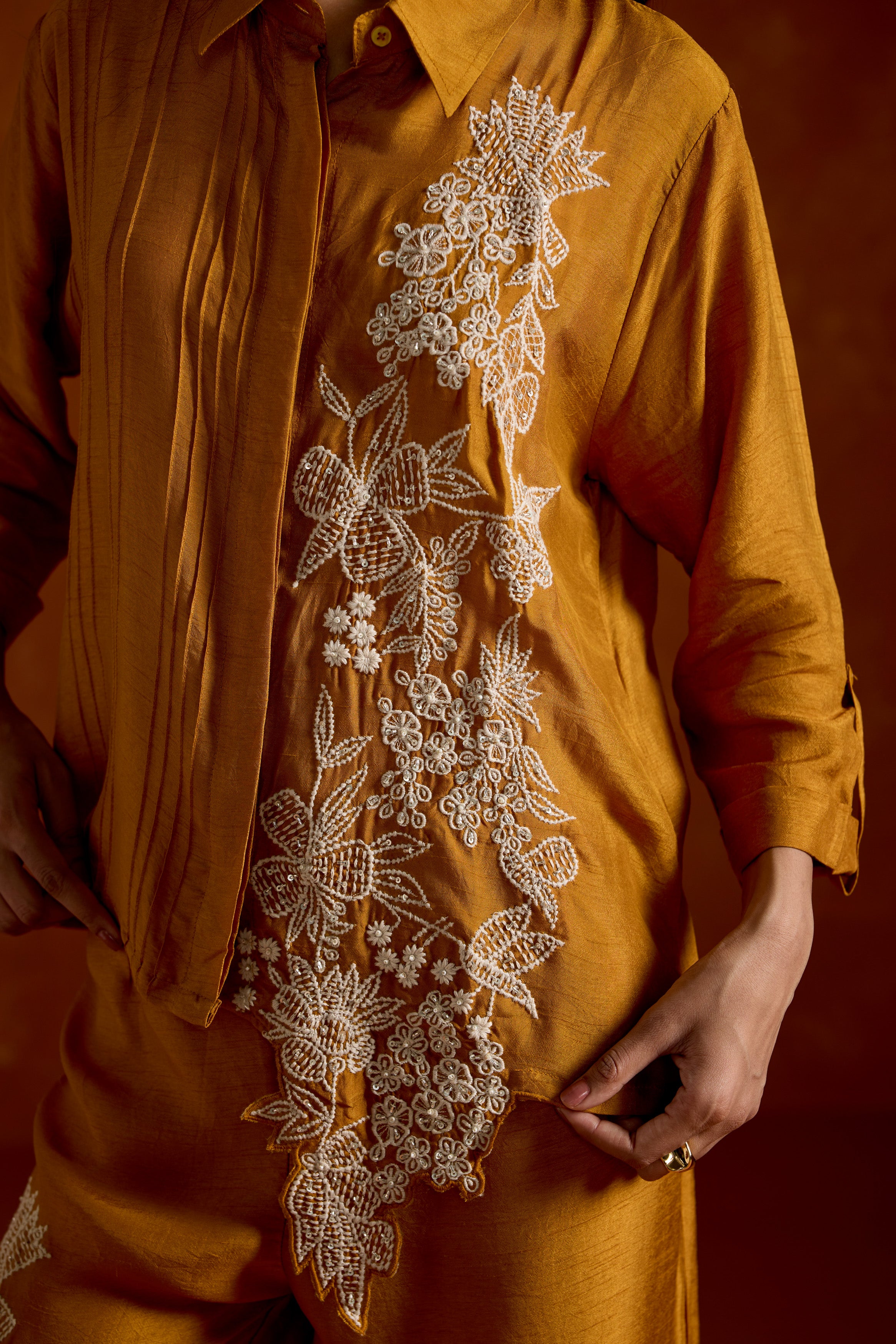 Mustard Yellow Embroidered Raw Silk Co-Ord Set