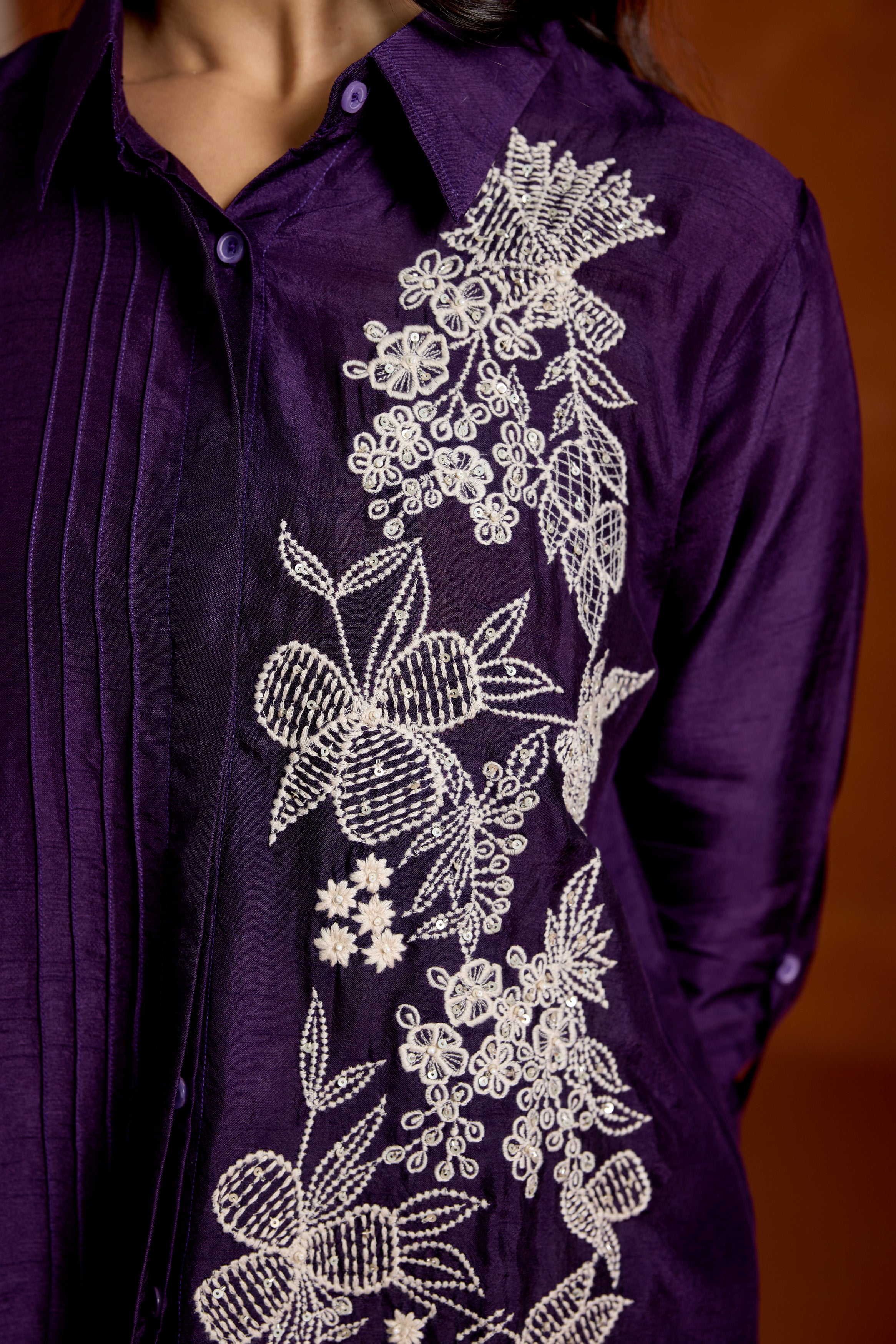 Deep Purple Embroidered Raw Silk Co-Ord Set