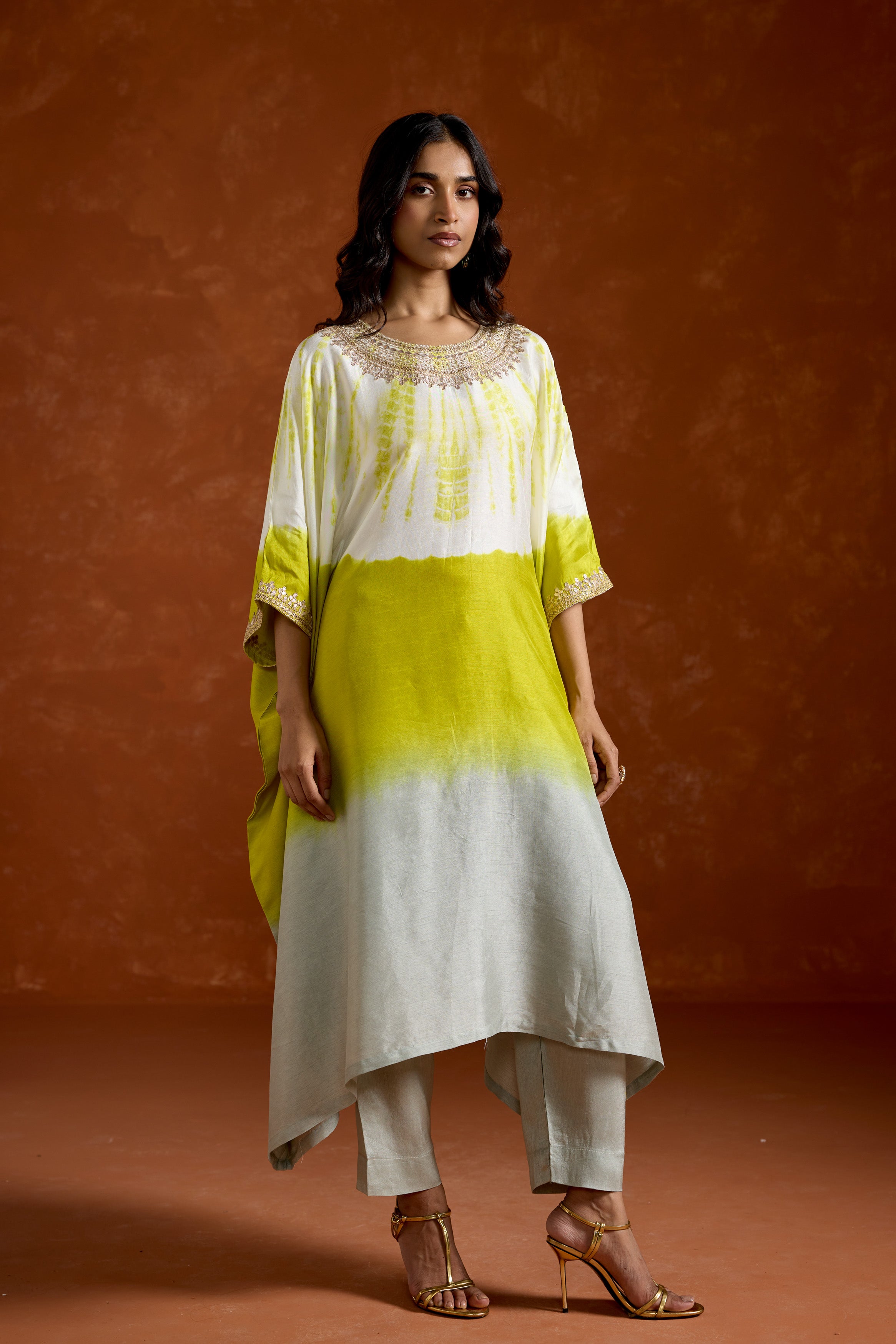 Lime green Embellished Raw Silk kaftan Set