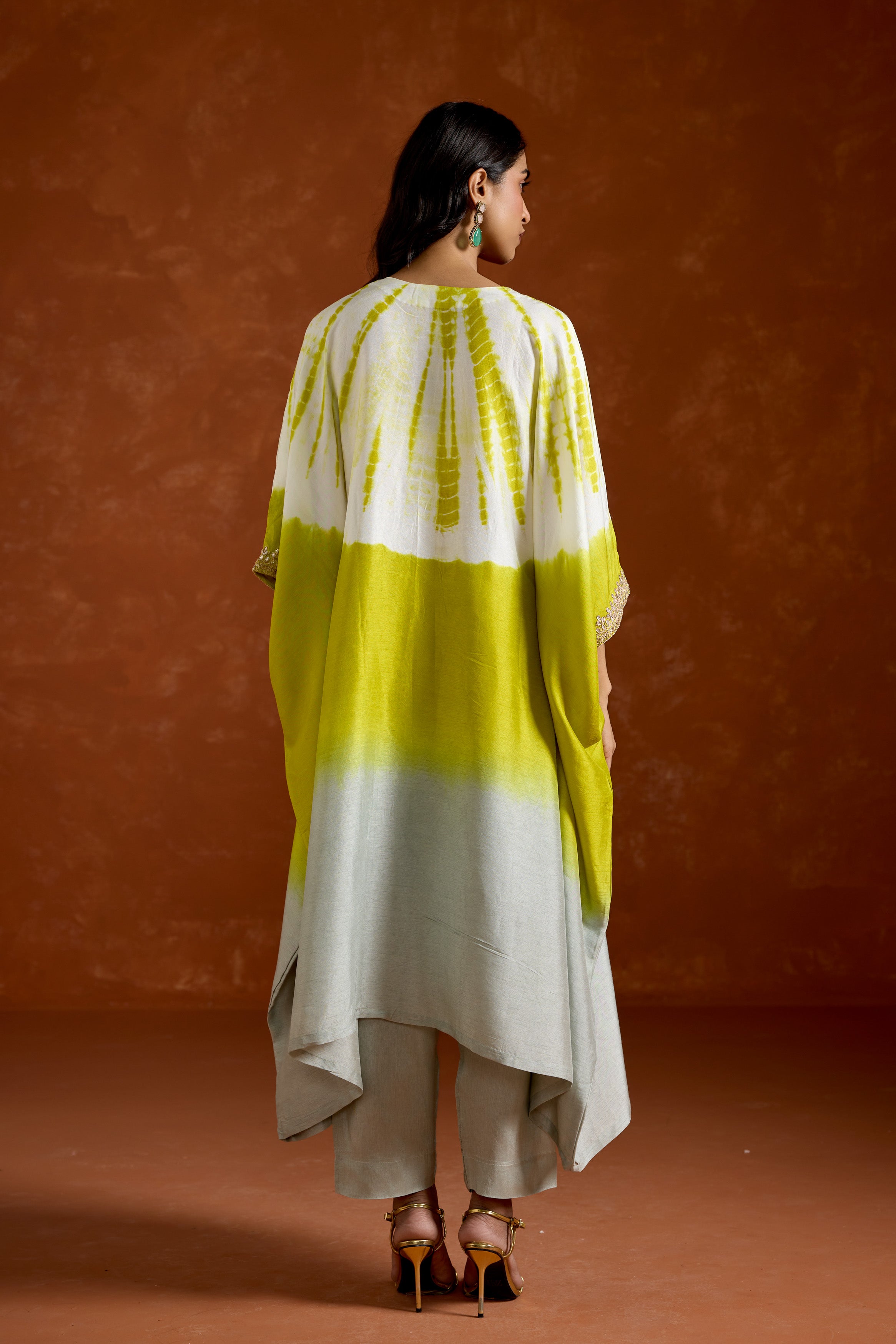 Lime green Embellished Raw Silk kaftan Set