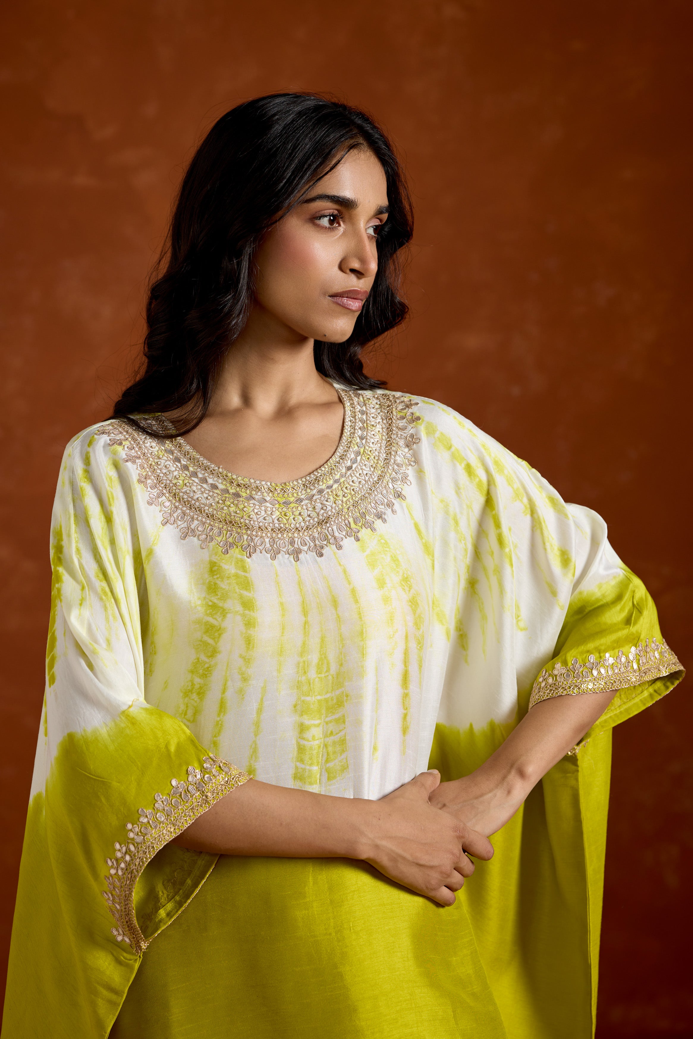 Lime green Embellished Raw Silk kaftan Set