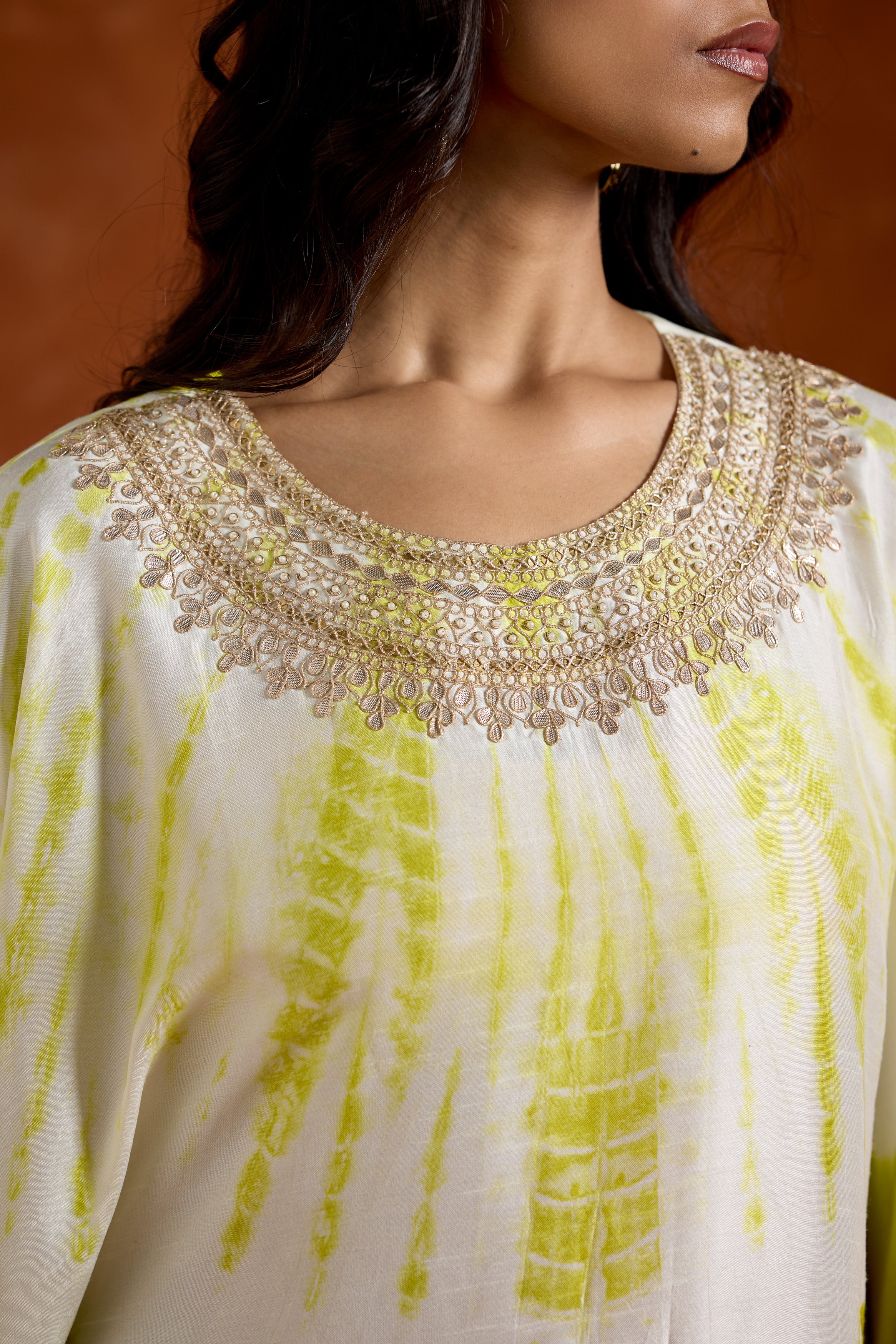Lime green Embellished Raw Silk kaftan Set
