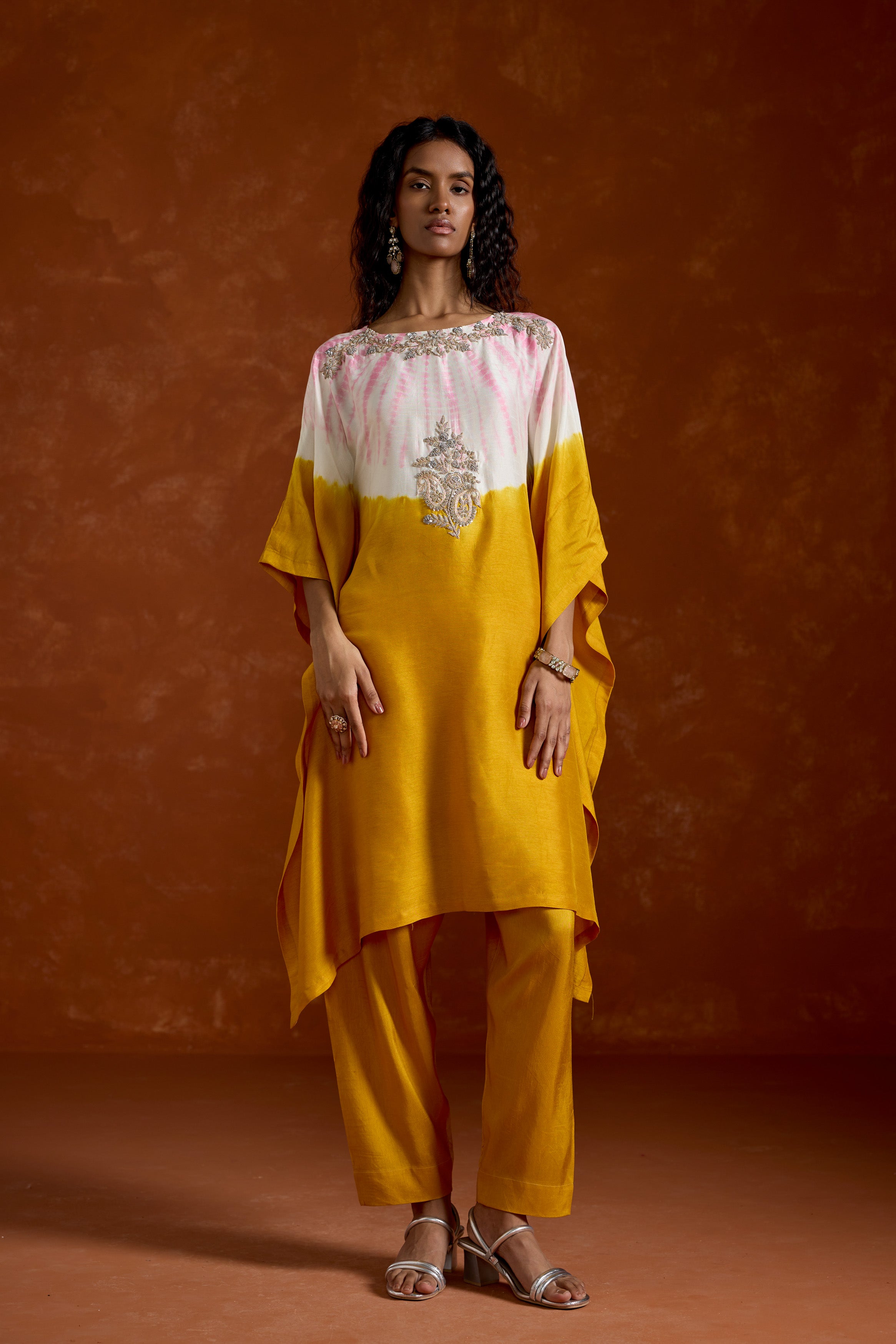 Mustard Yellow Embellished Premium Silk Kaftan Set