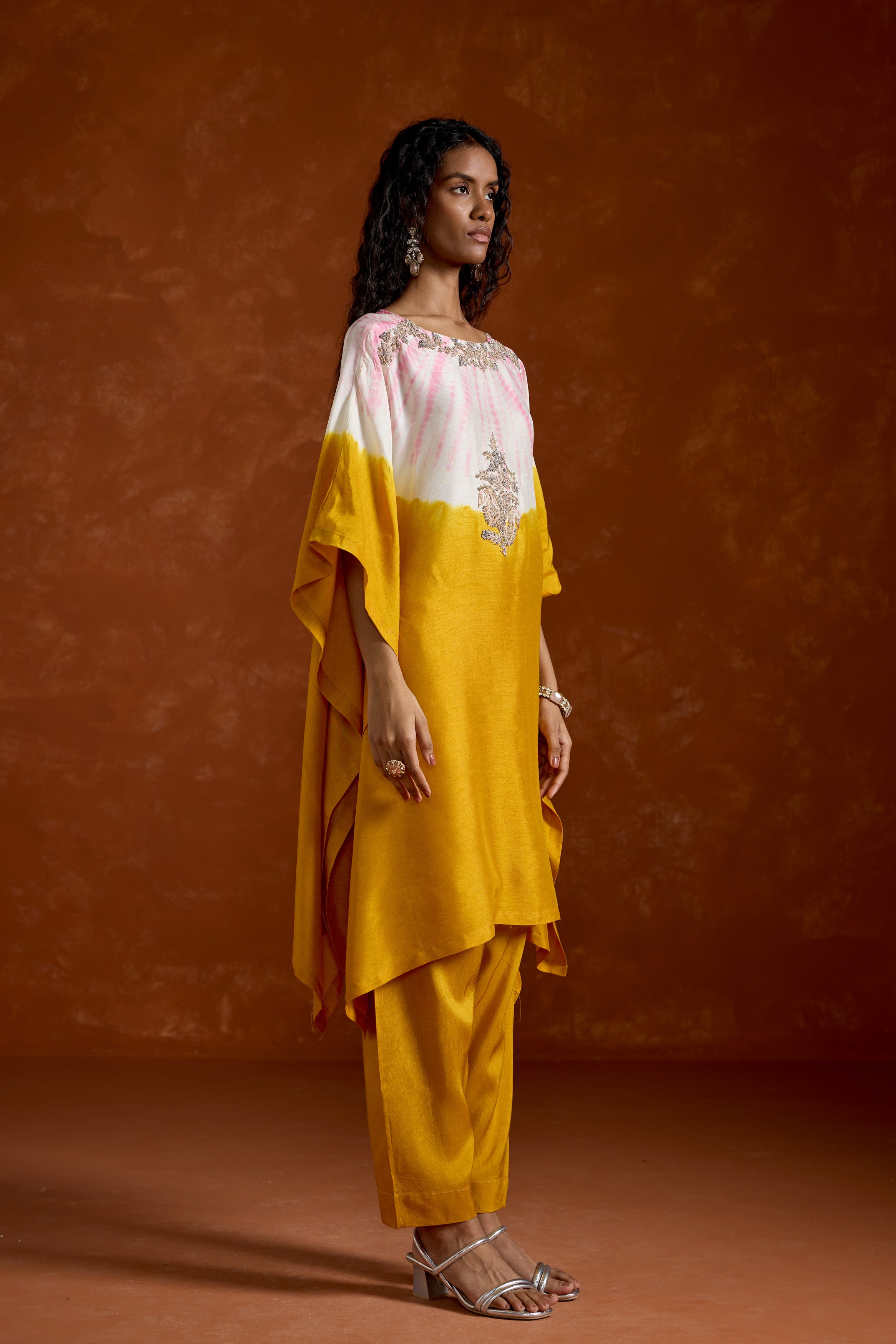 Mustard Yellow Embellished Premium Silk Kaftan Set