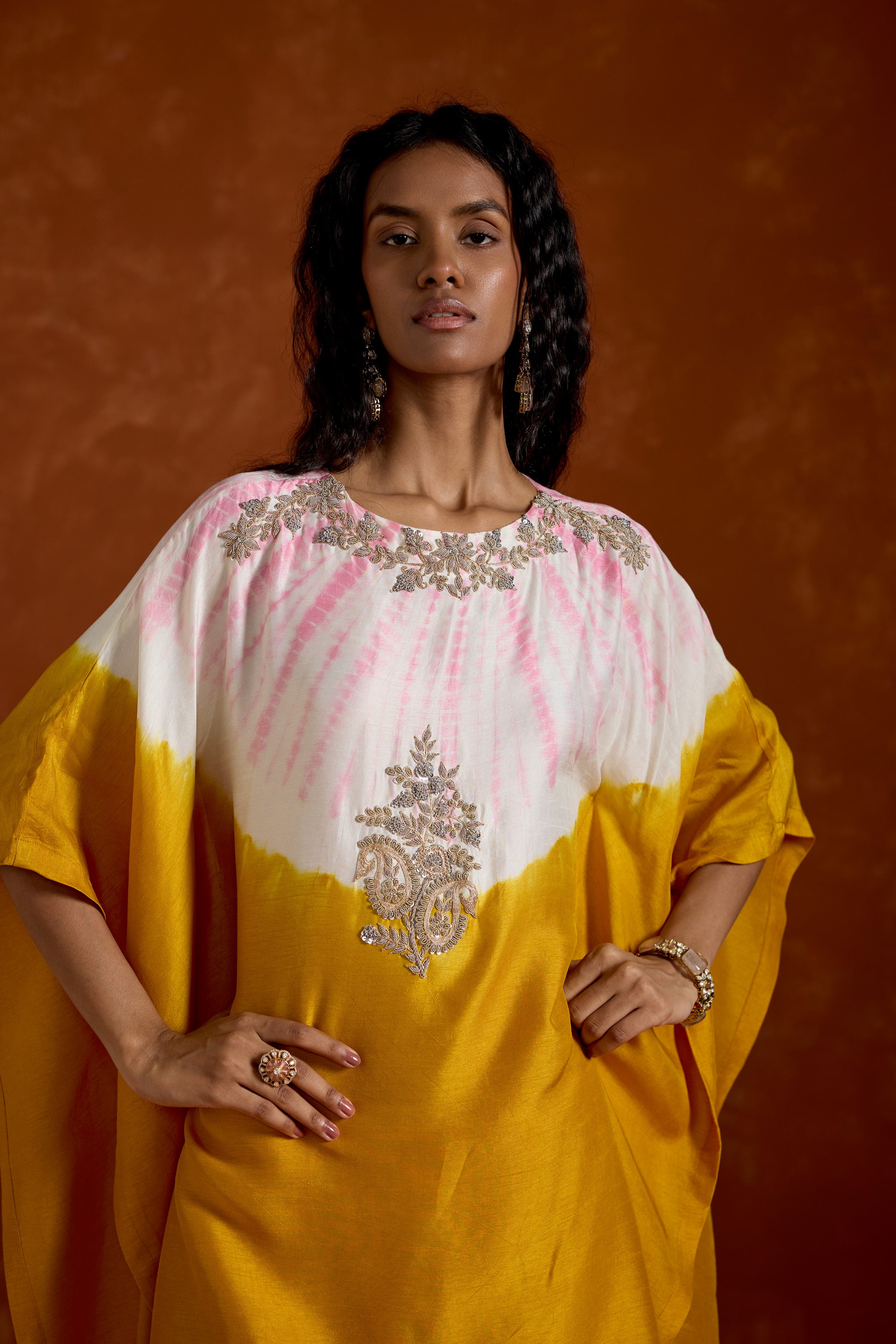 Mustard Yellow Embellished Premium Silk Kaftan Set