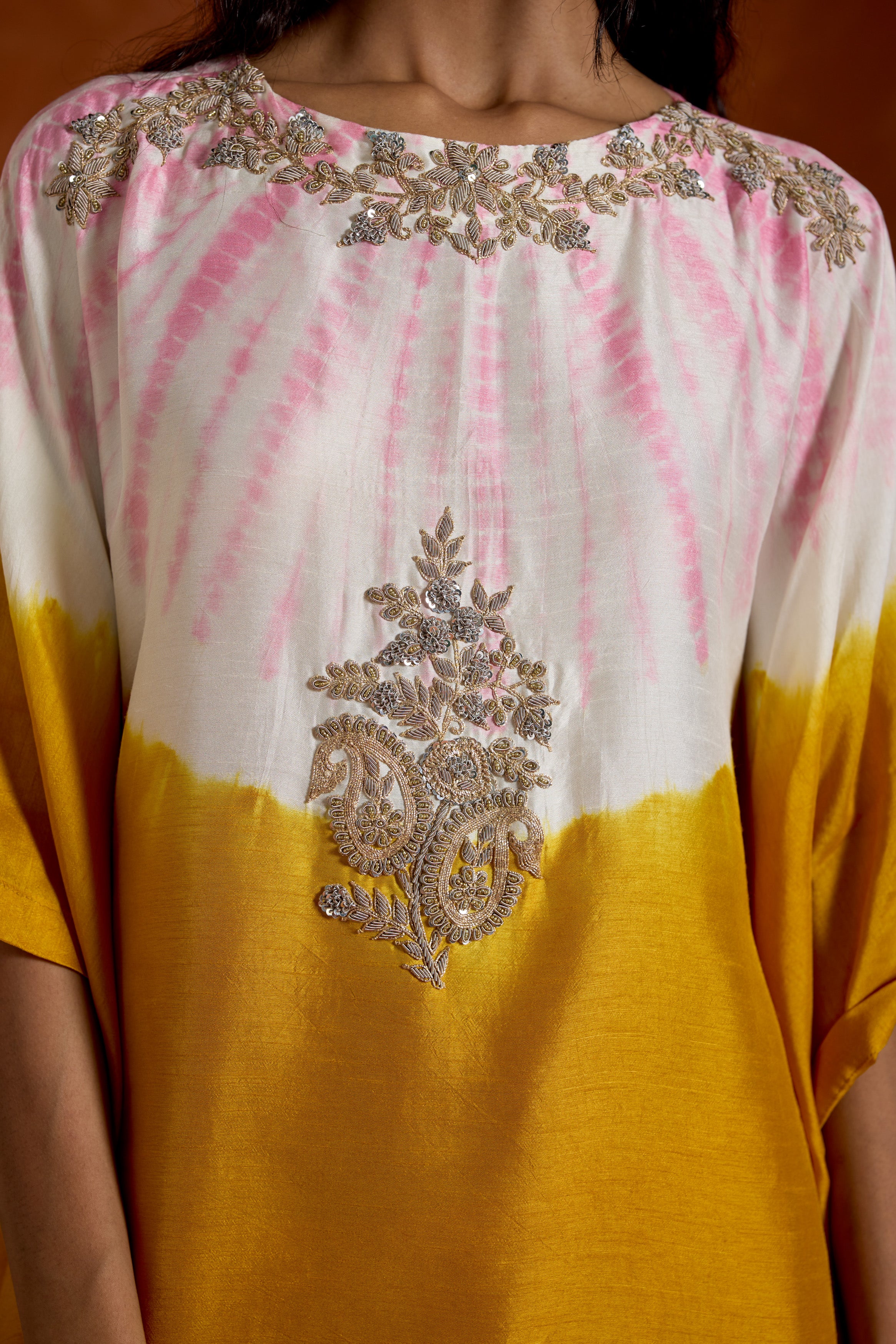 Mustard Yellow Embellished Premium Silk Kaftan Set