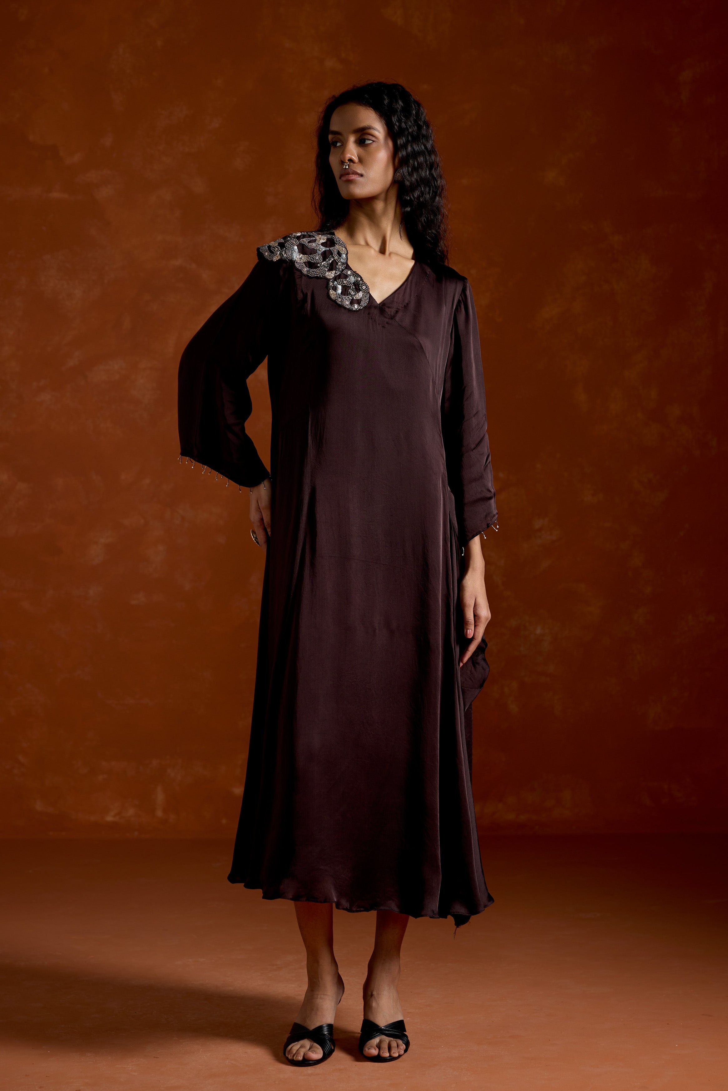 Coffee Brown Embellished Satin Silk Dress
