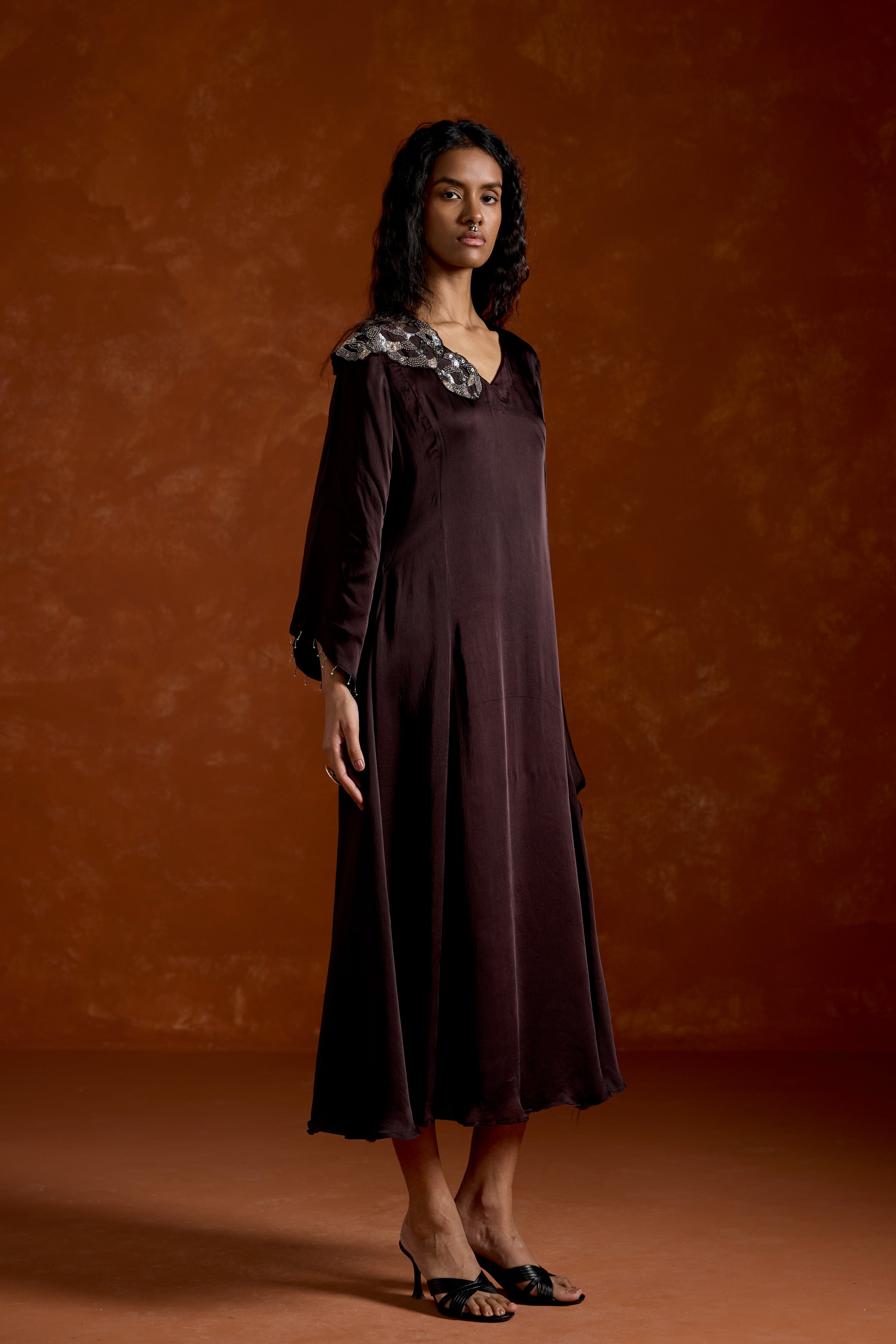 Coffee Brown Embellished Satin Silk Dress