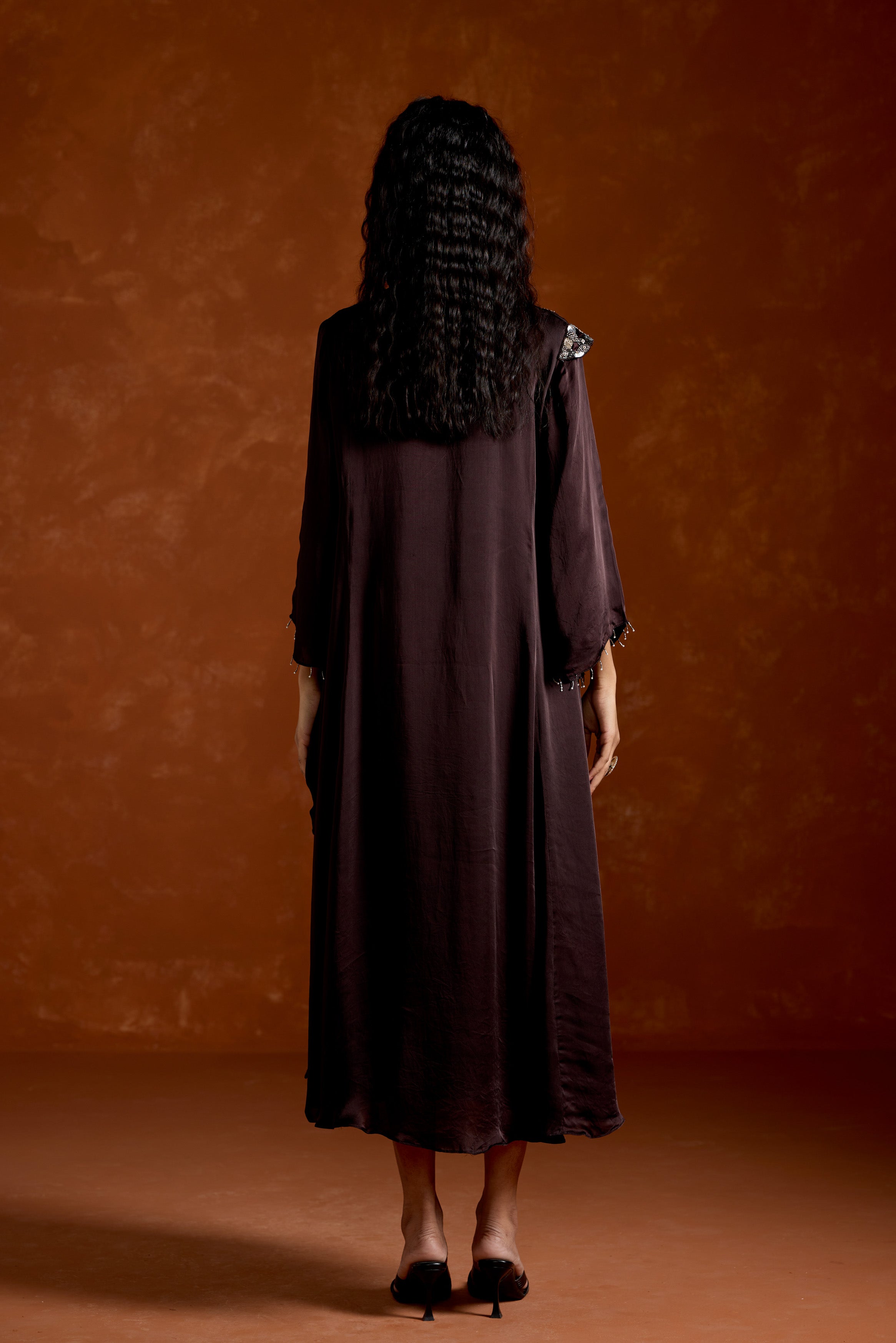 Coffee Brown Embellished Satin Silk Dress