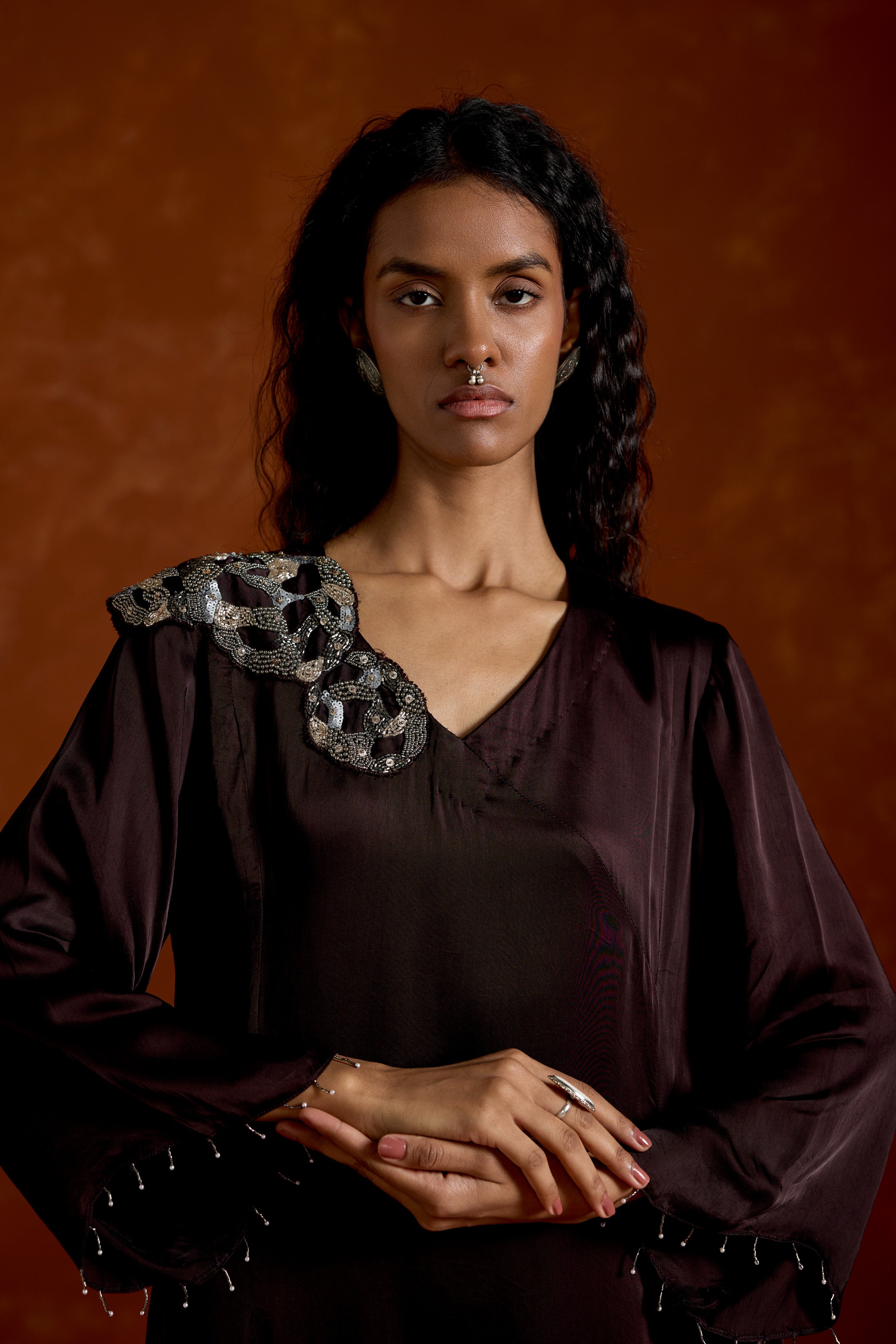 Coffee Brown Embellished Satin Silk Dress