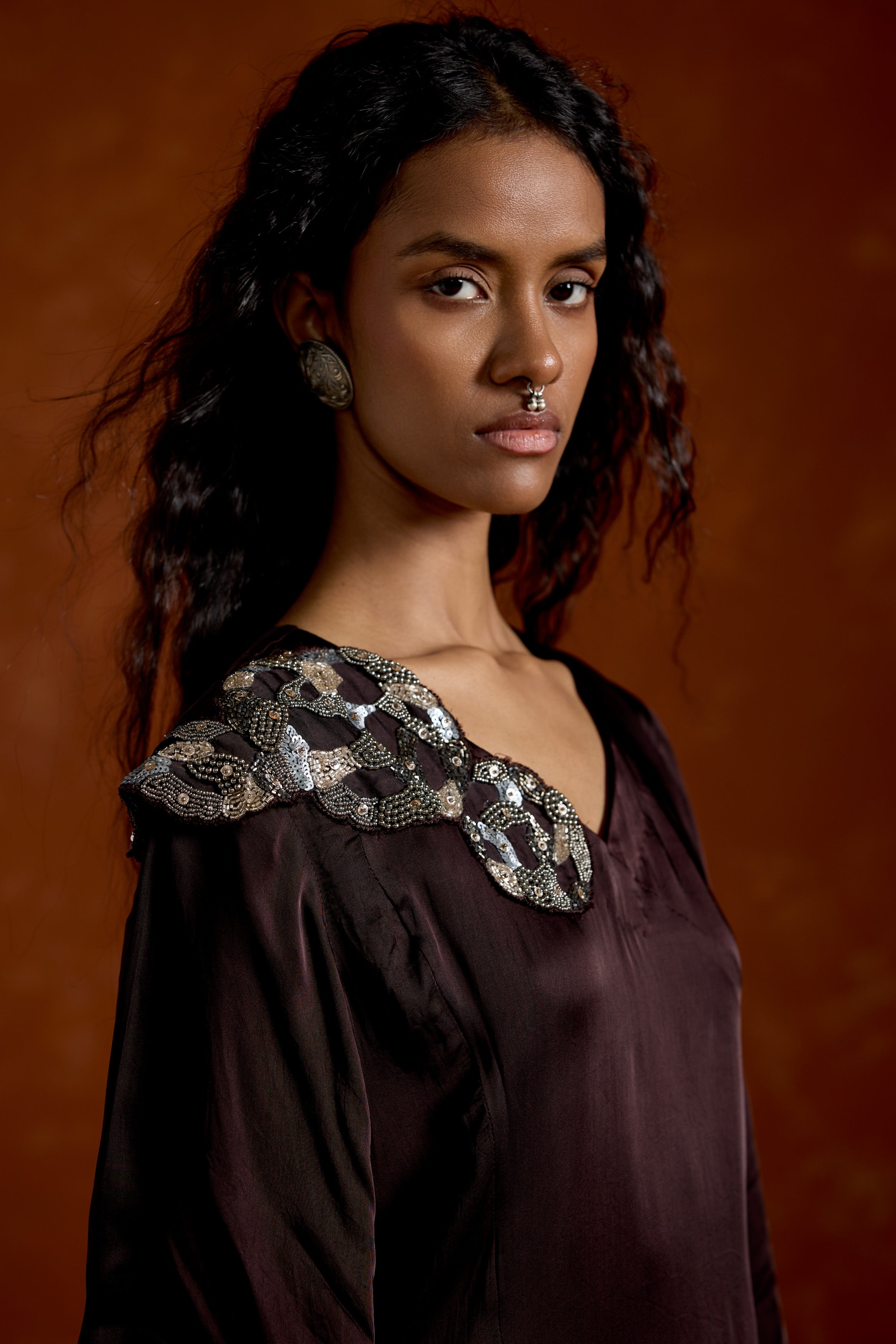 Coffee Brown Embellished Satin Silk Dress