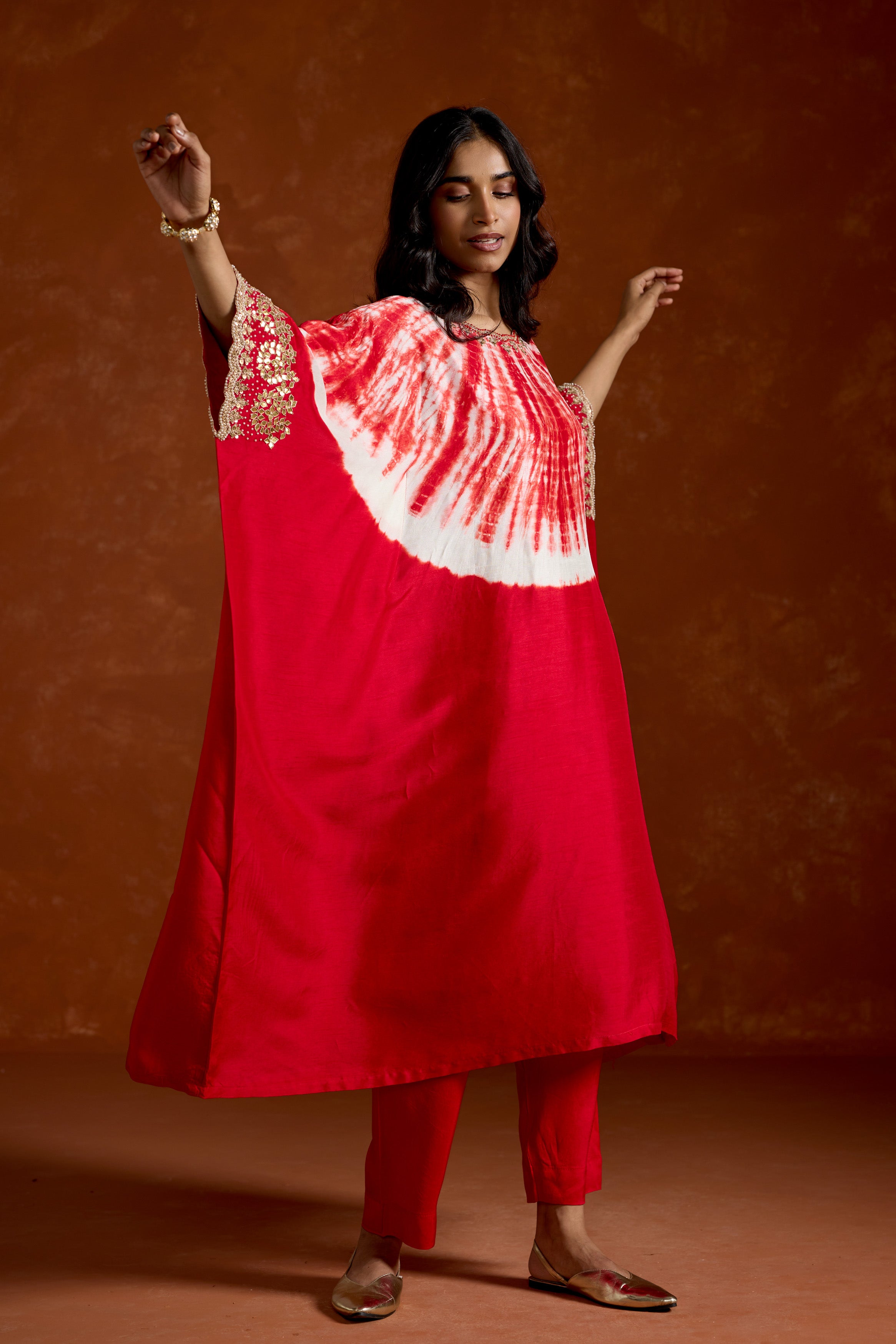 Crimson Red Embellished Raw Silk Kaftan Set