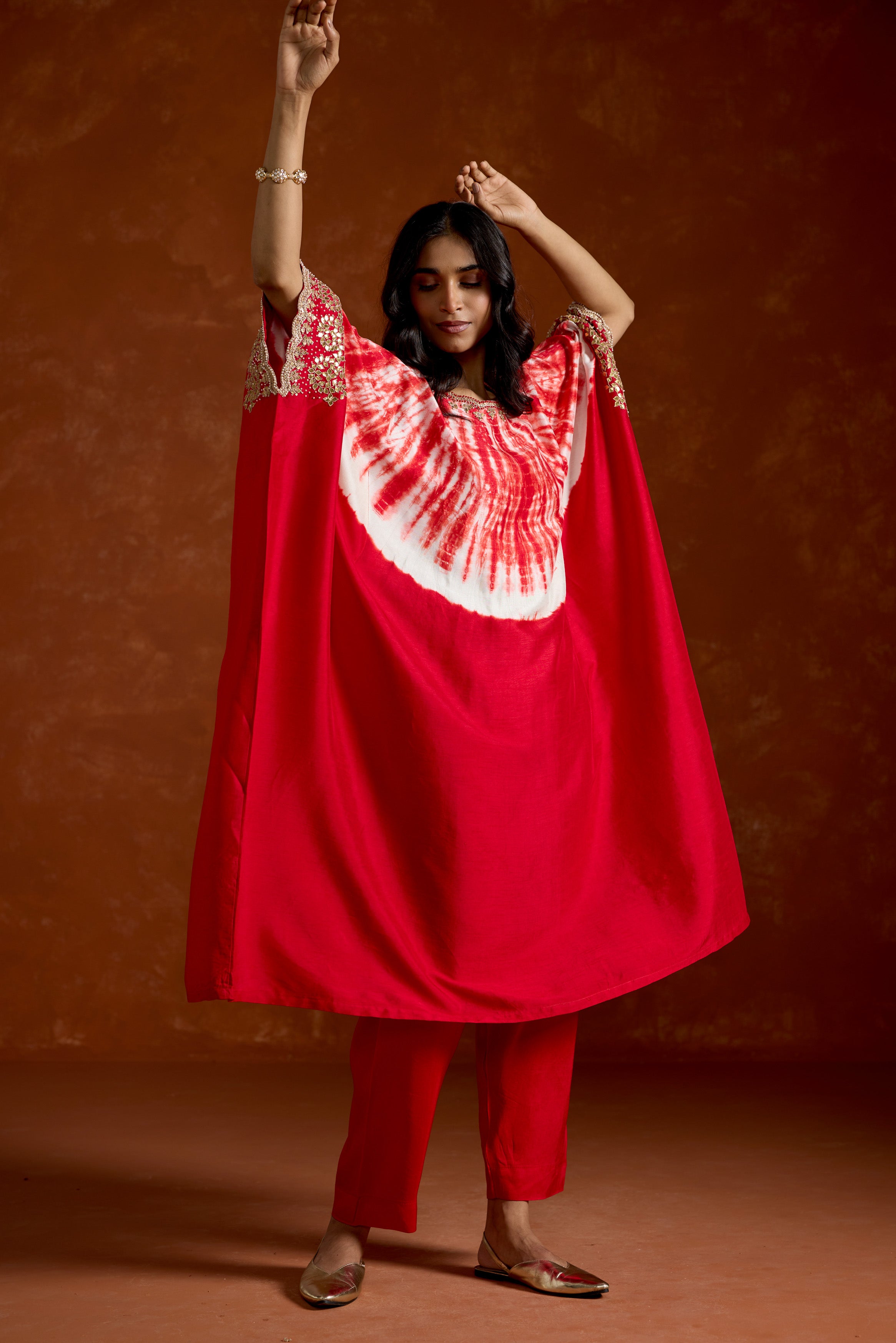 Crimson Red Embellished Raw Silk Kaftan Set