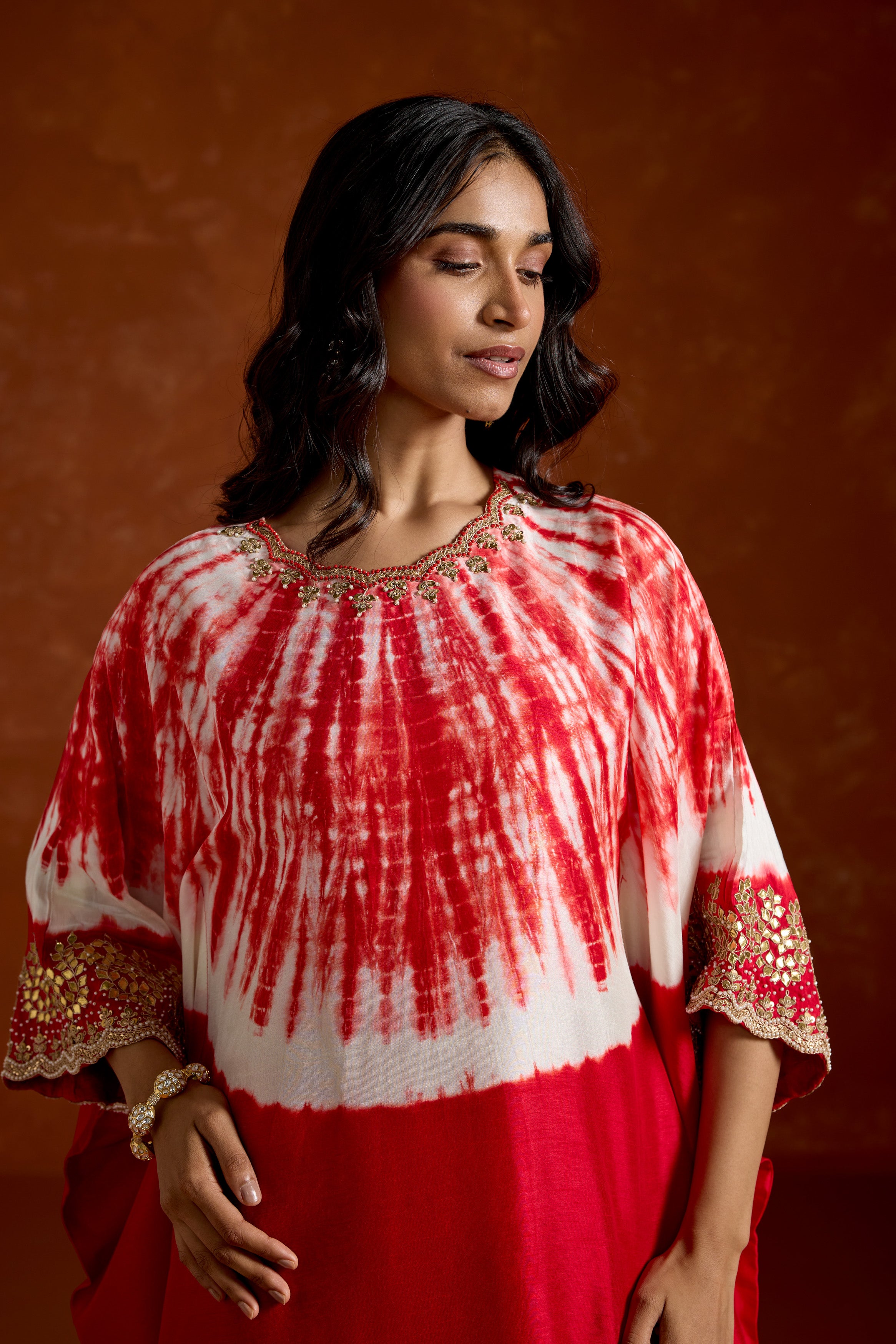Crimson Red Embellished Raw Silk Kaftan Set