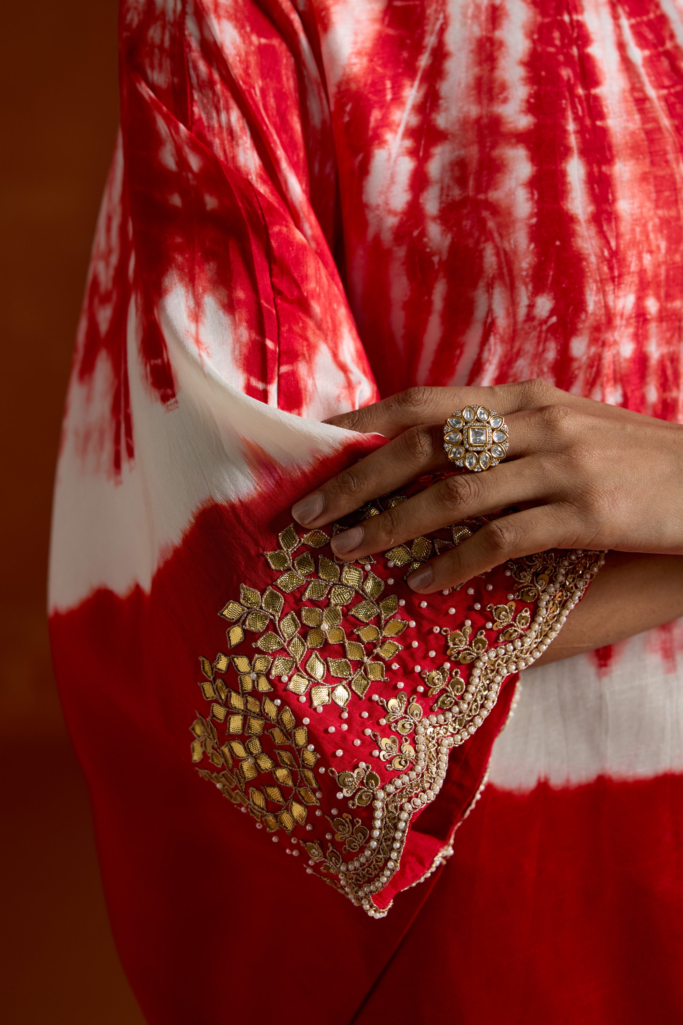 Crimson Red Embellished Raw Silk Kaftan Set