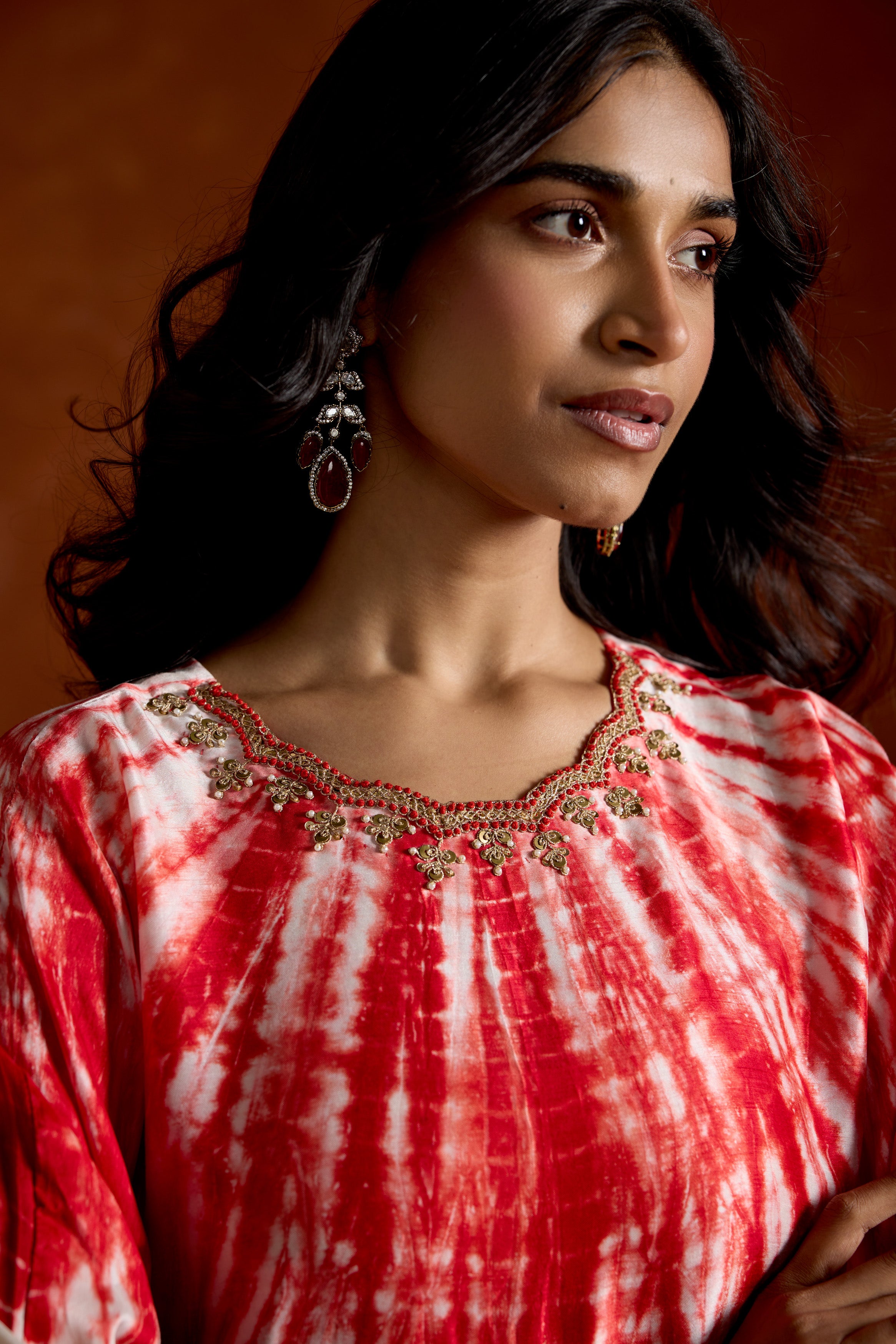 Crimson Red Embellished Raw Silk Kaftan Set