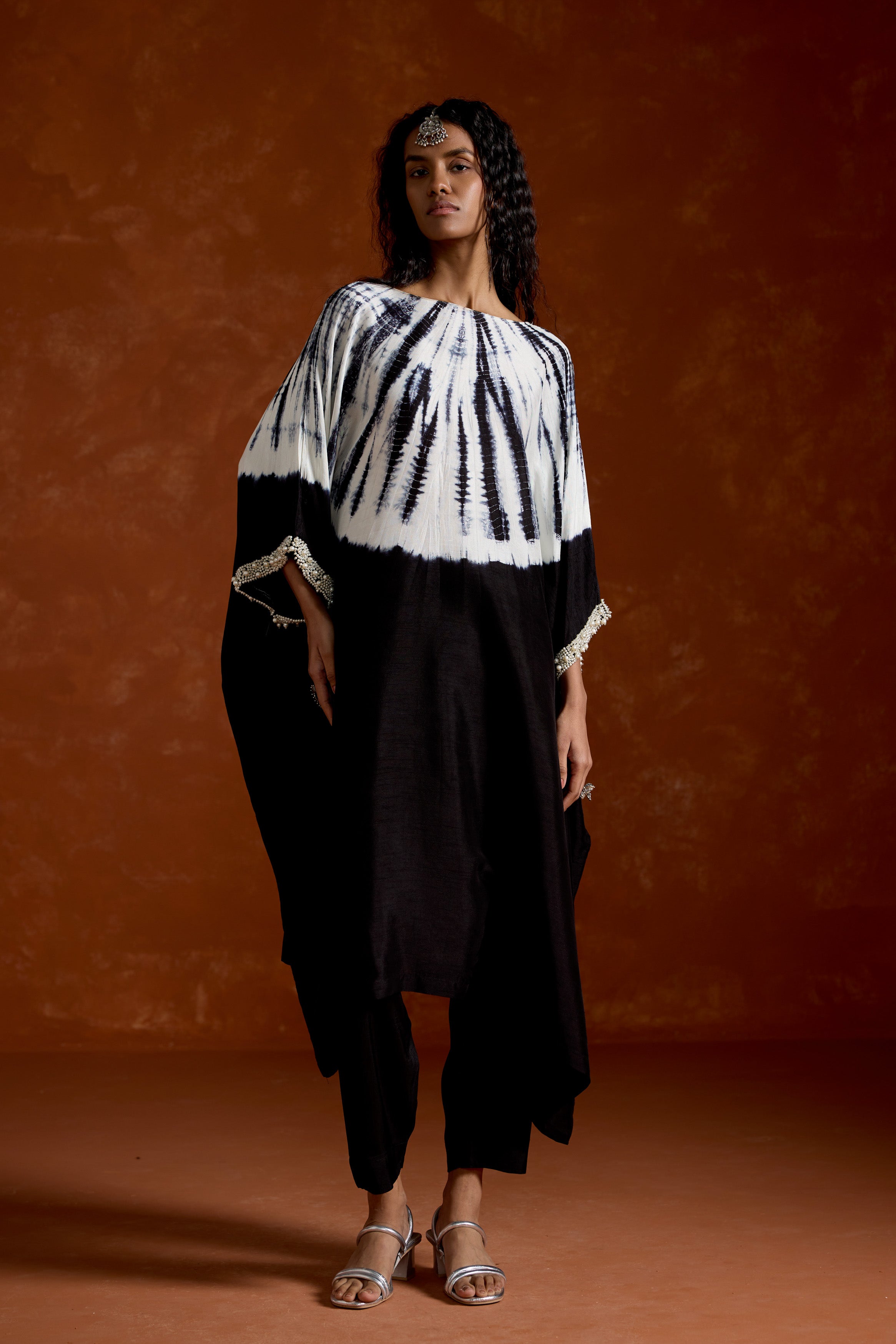 Classic Black Embellished Raw Silk Kaftan Set