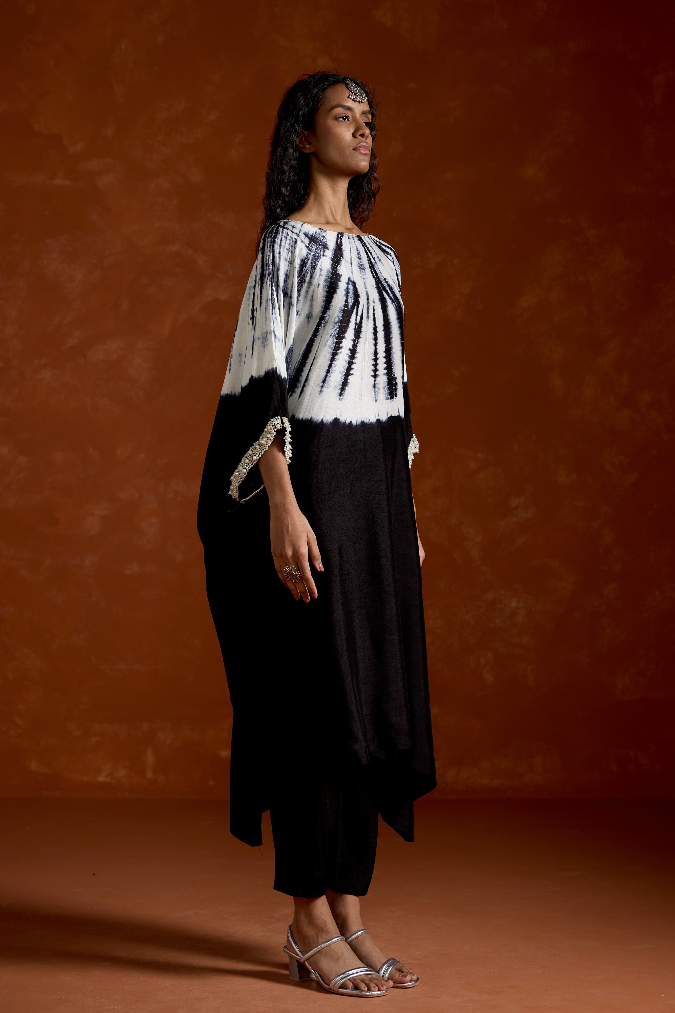 Classic Black Embellished Raw Silk Kaftan Set