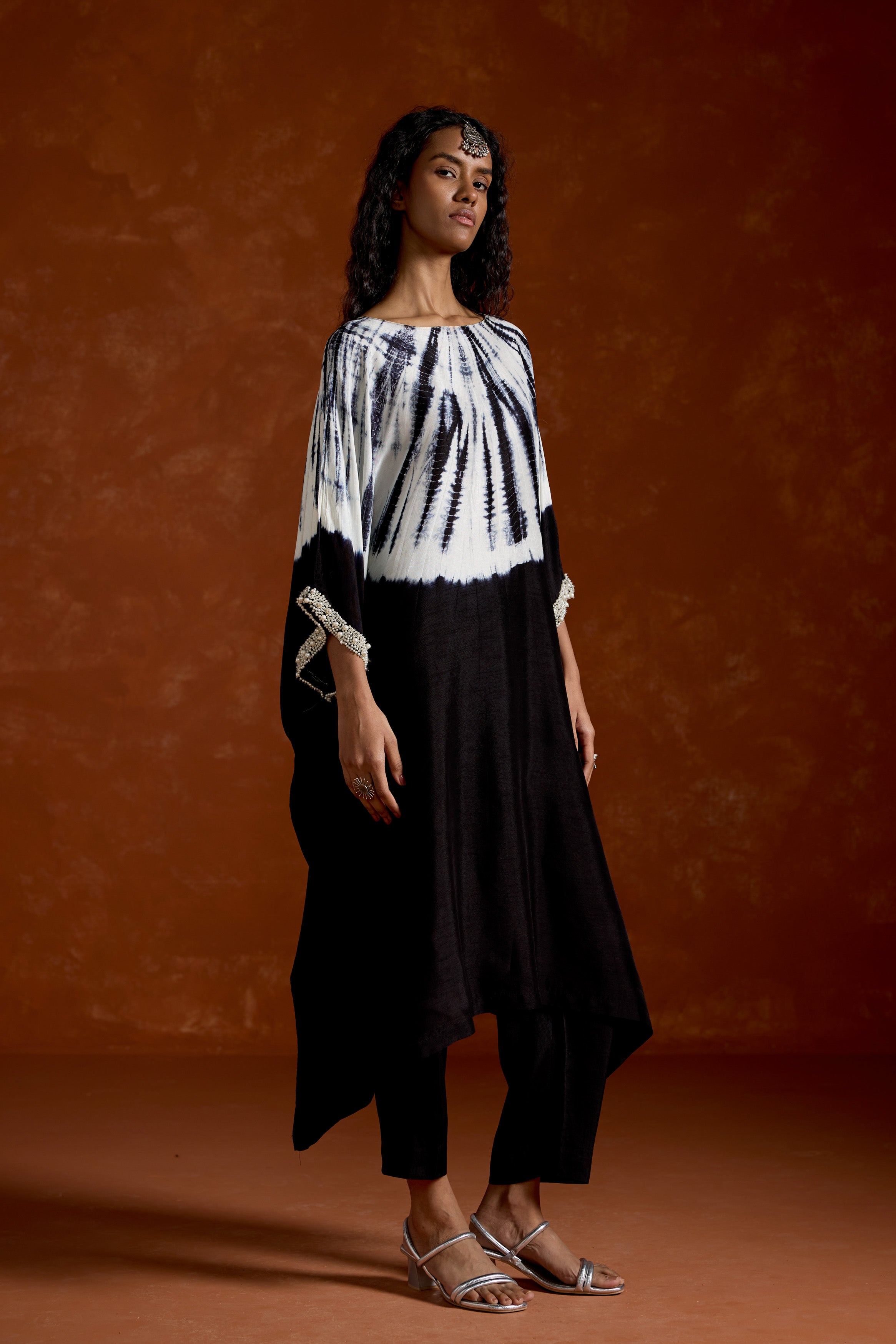 Classic Black Embellished Raw Silk Kaftan Set