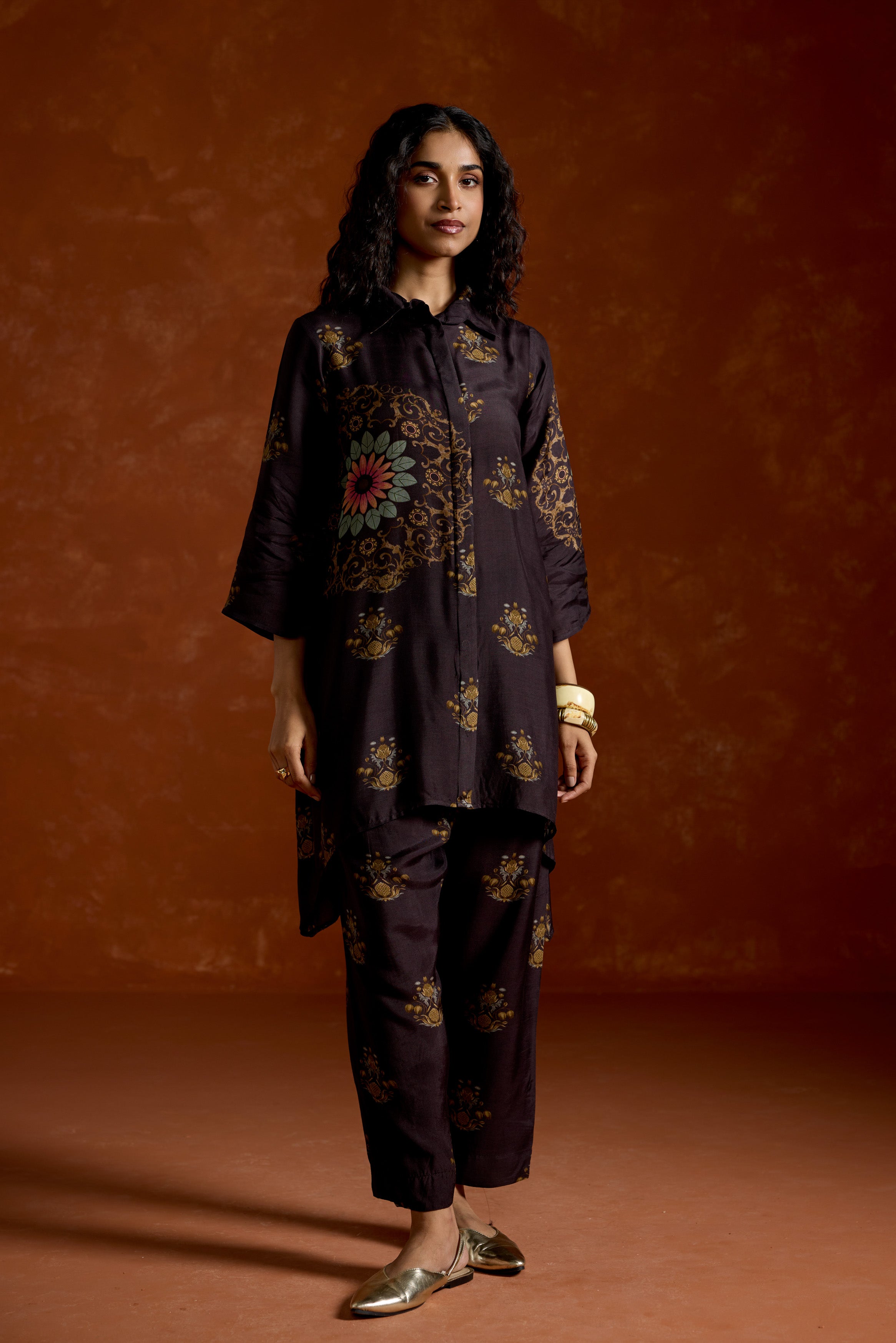 Black Printed Rayon Silk Co-Ord Set