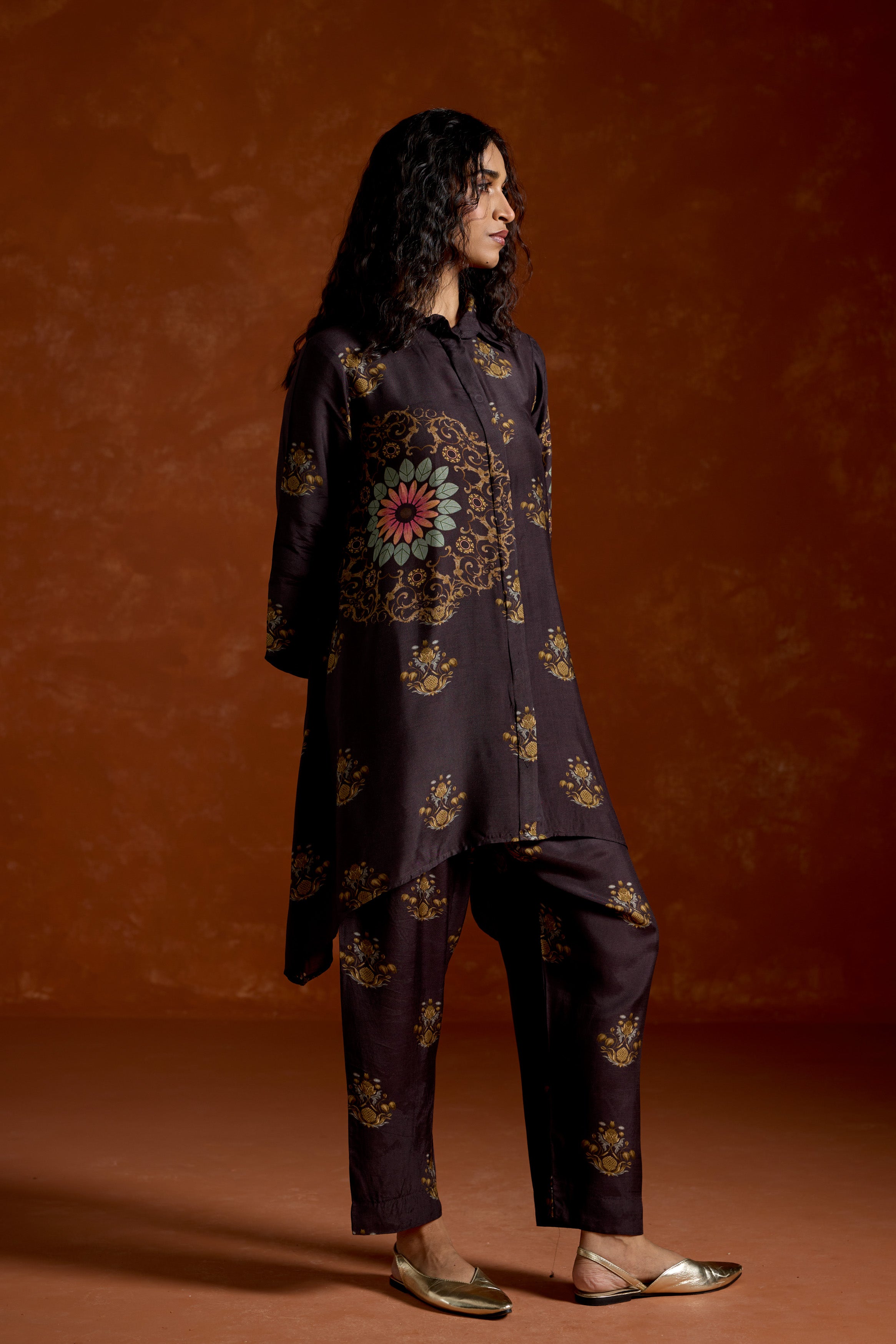 Black Printed Rayon Silk Co-Ord Set