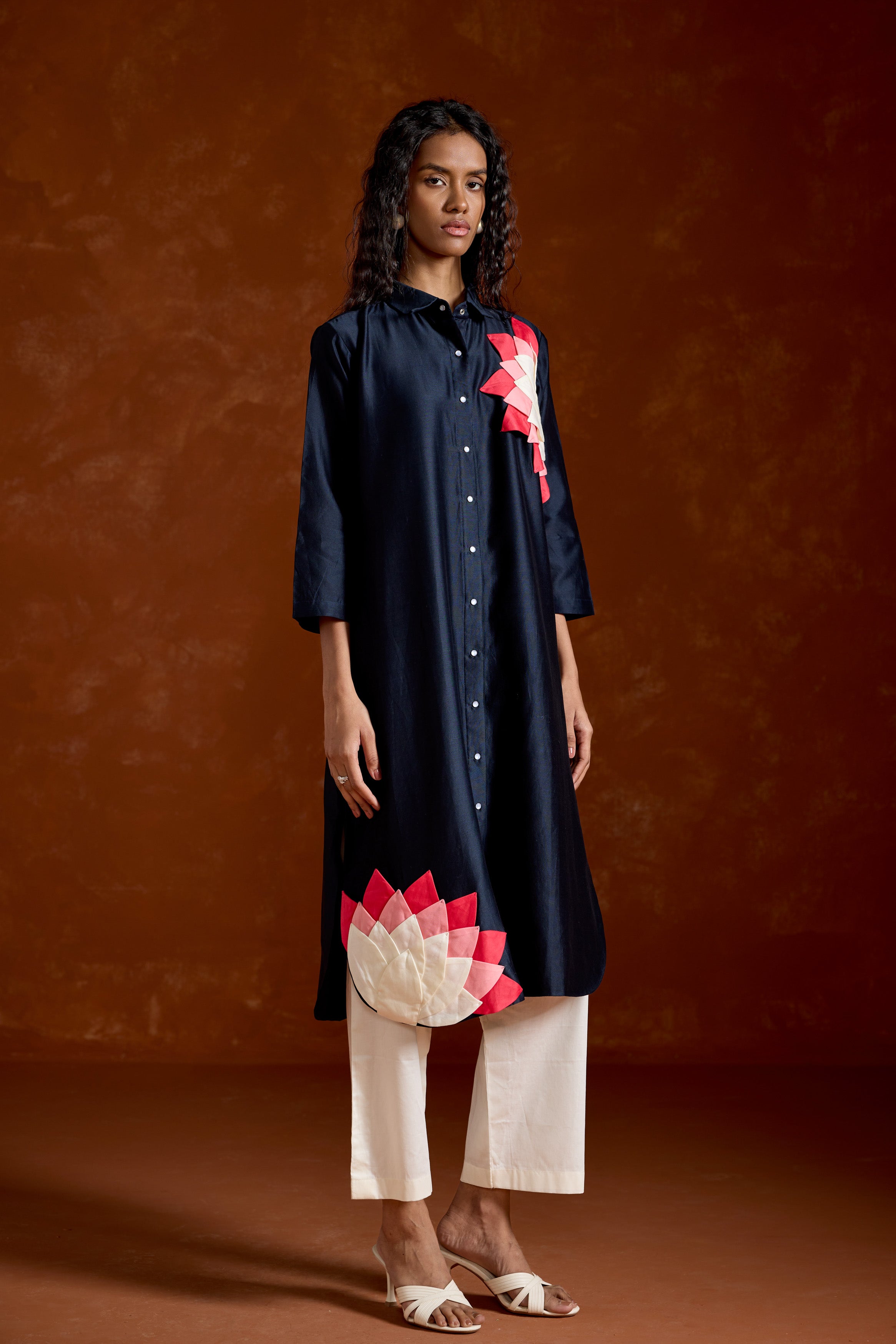 Midnight Blue Printed Chinon Silk Kurta Set