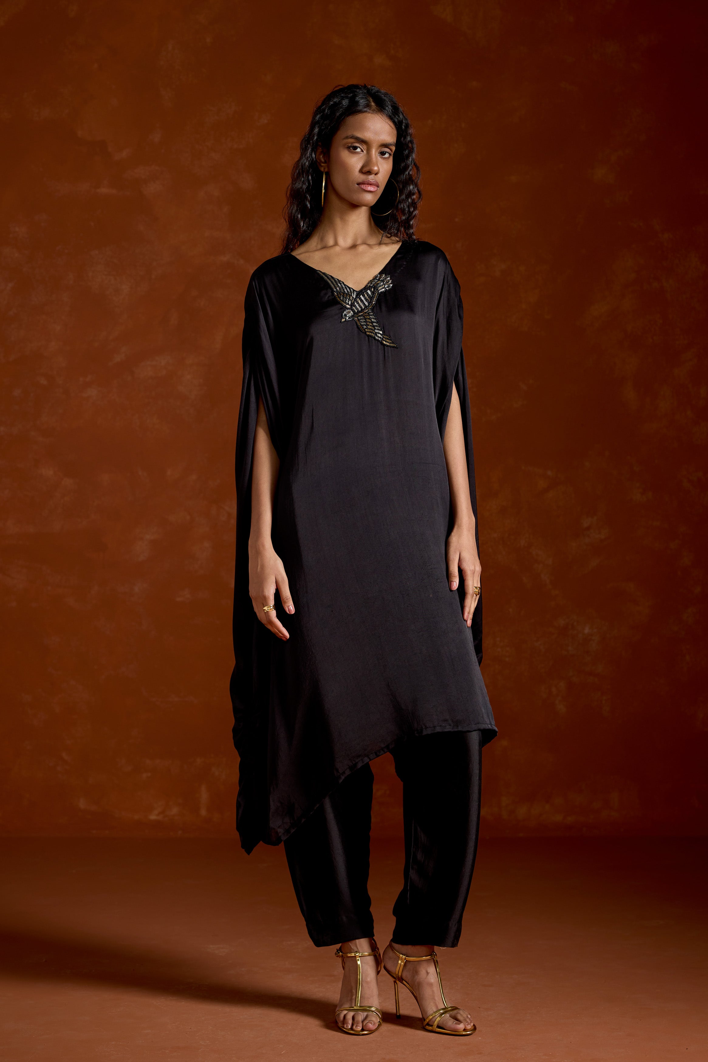 Black Embellished Satin Silk Kaftan Set