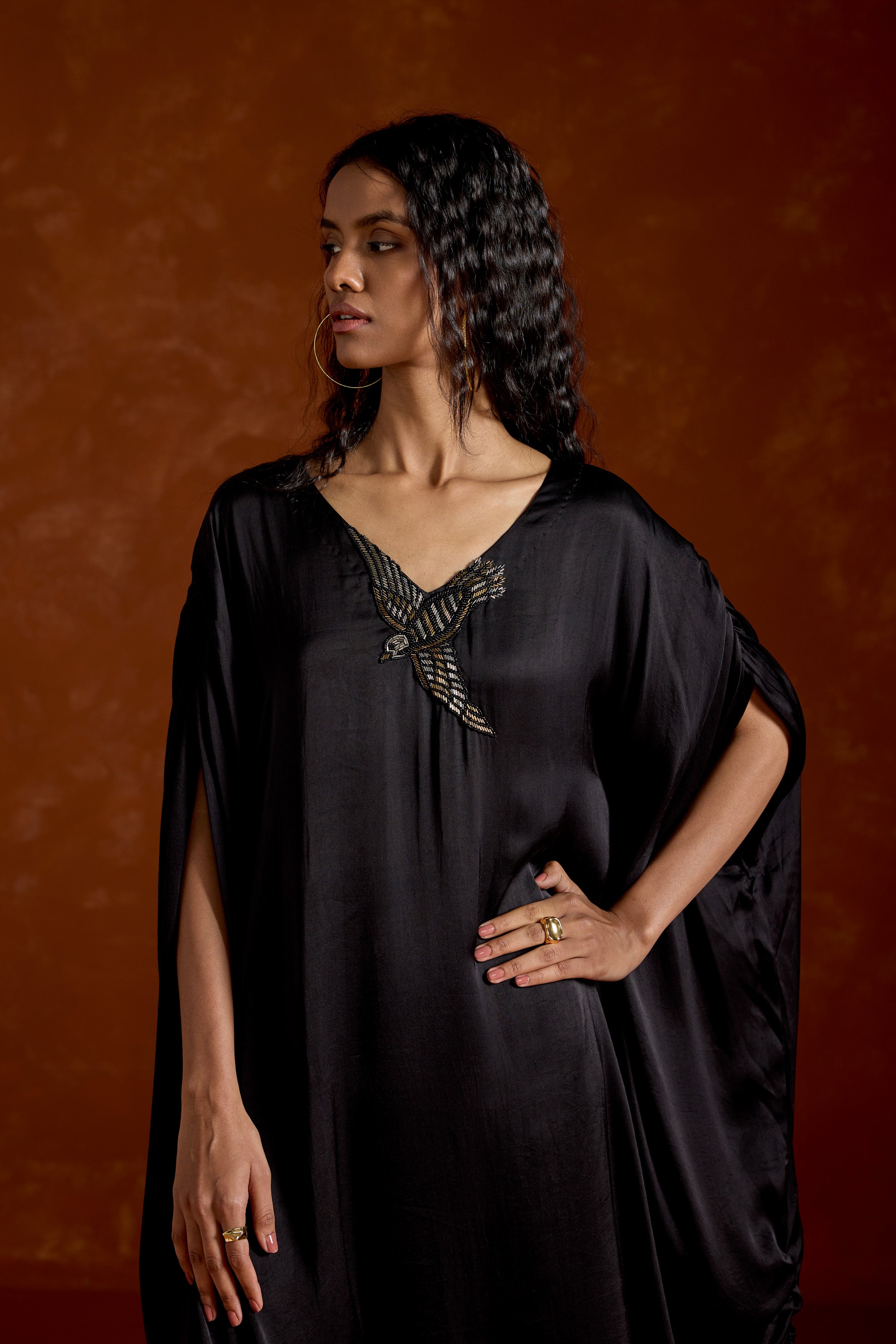 Black Embellished Satin Silk Kaftan Set