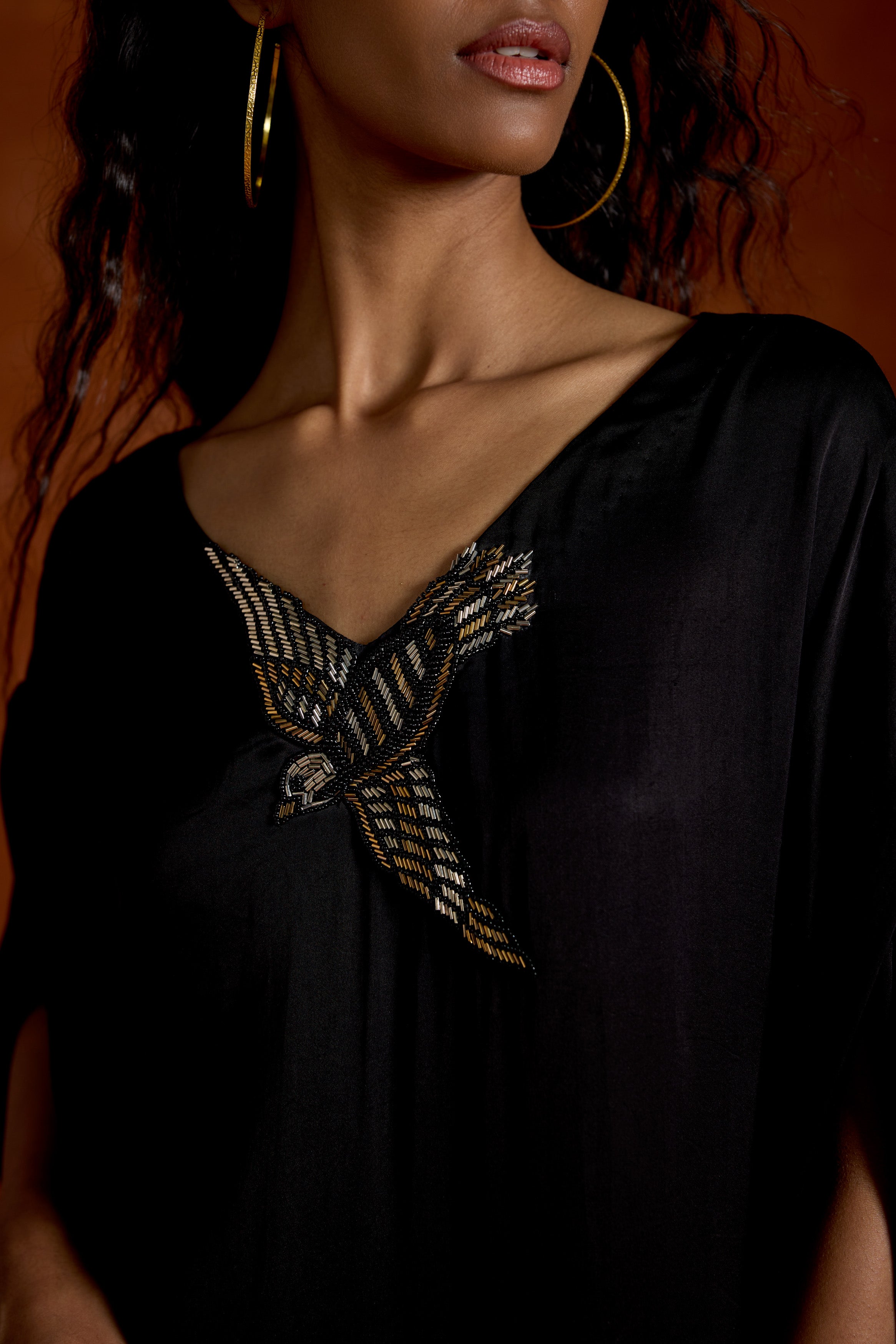 Black Embellished Satin Silk Kaftan Set