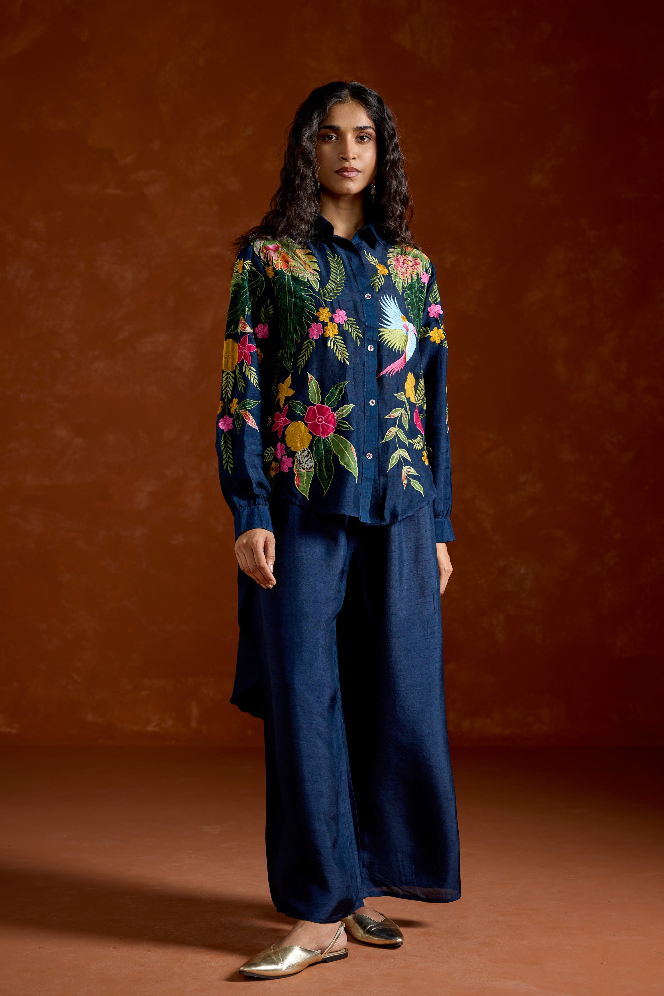 Navy Blue Embroidered Raw Silk Co-Ord Set