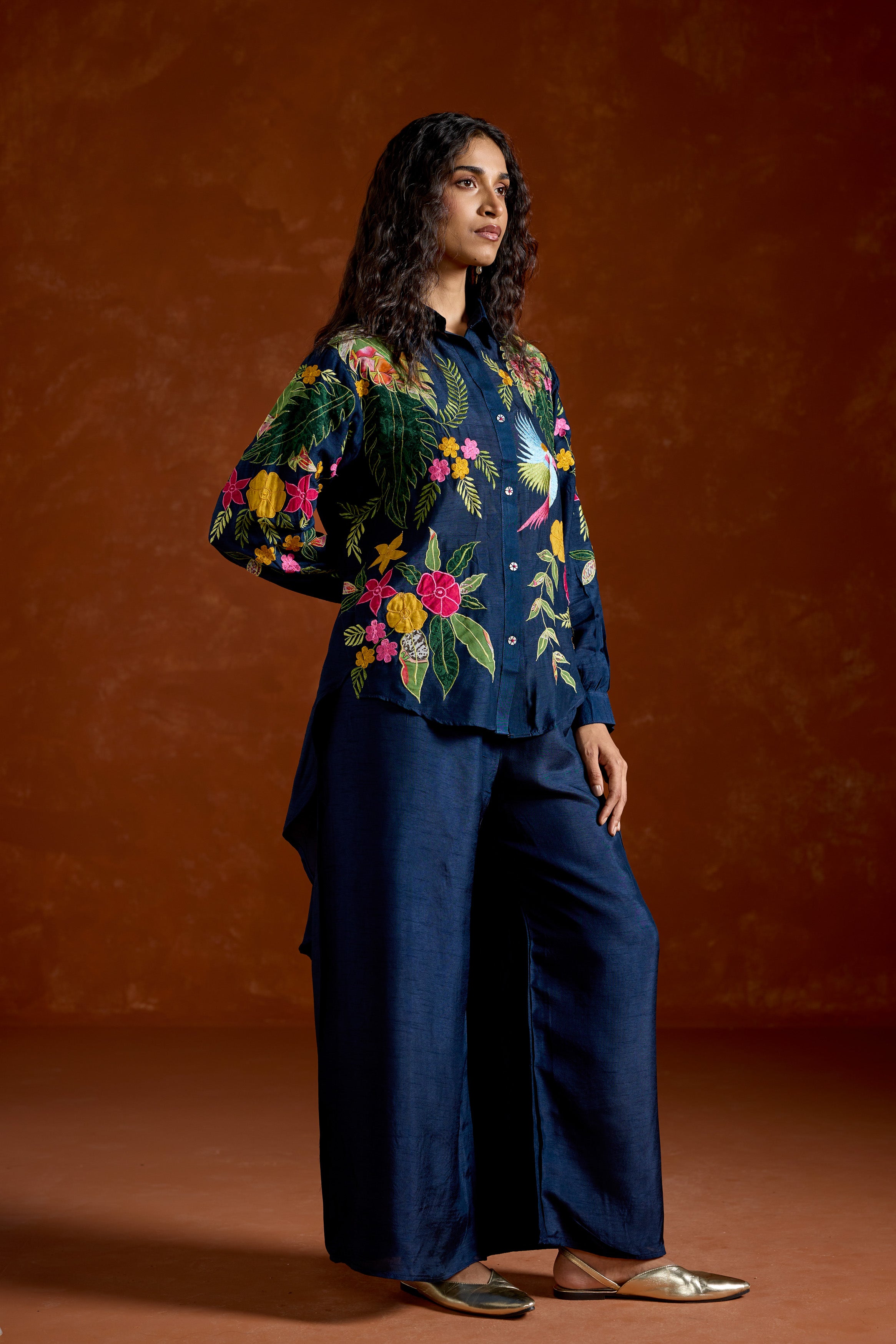 Navy Blue Embroidered Raw Silk Co-Ord Set