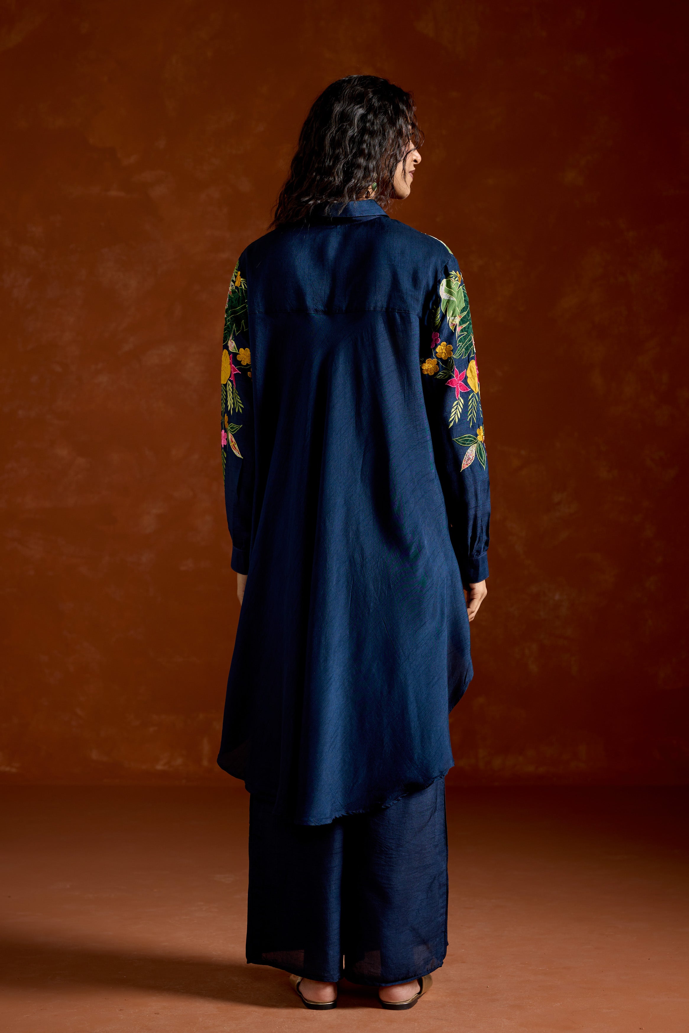 Navy Blue Embroidered Raw Silk Co-Ord Set