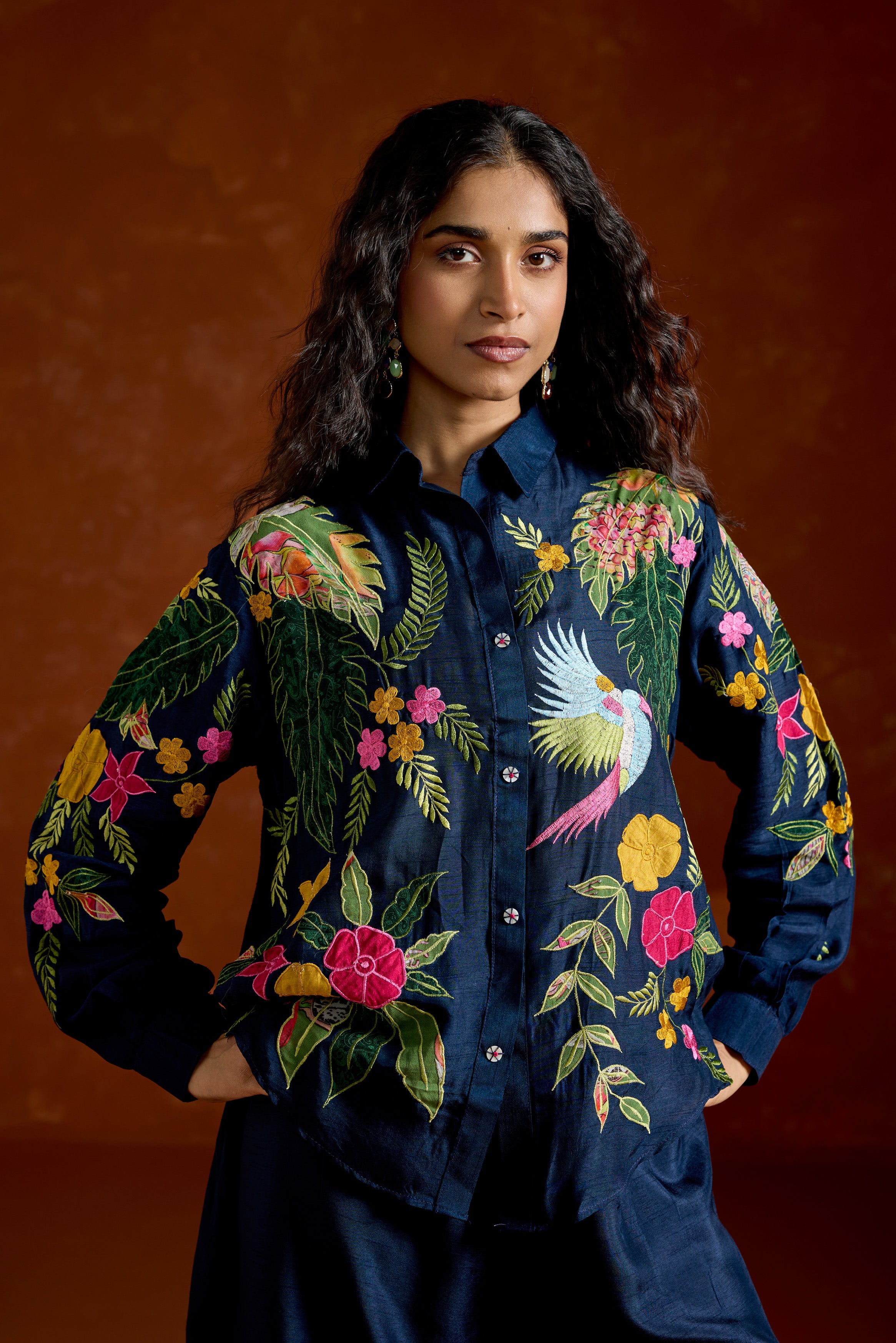 Navy Blue Embroidered Raw Silk Co-Ord Set