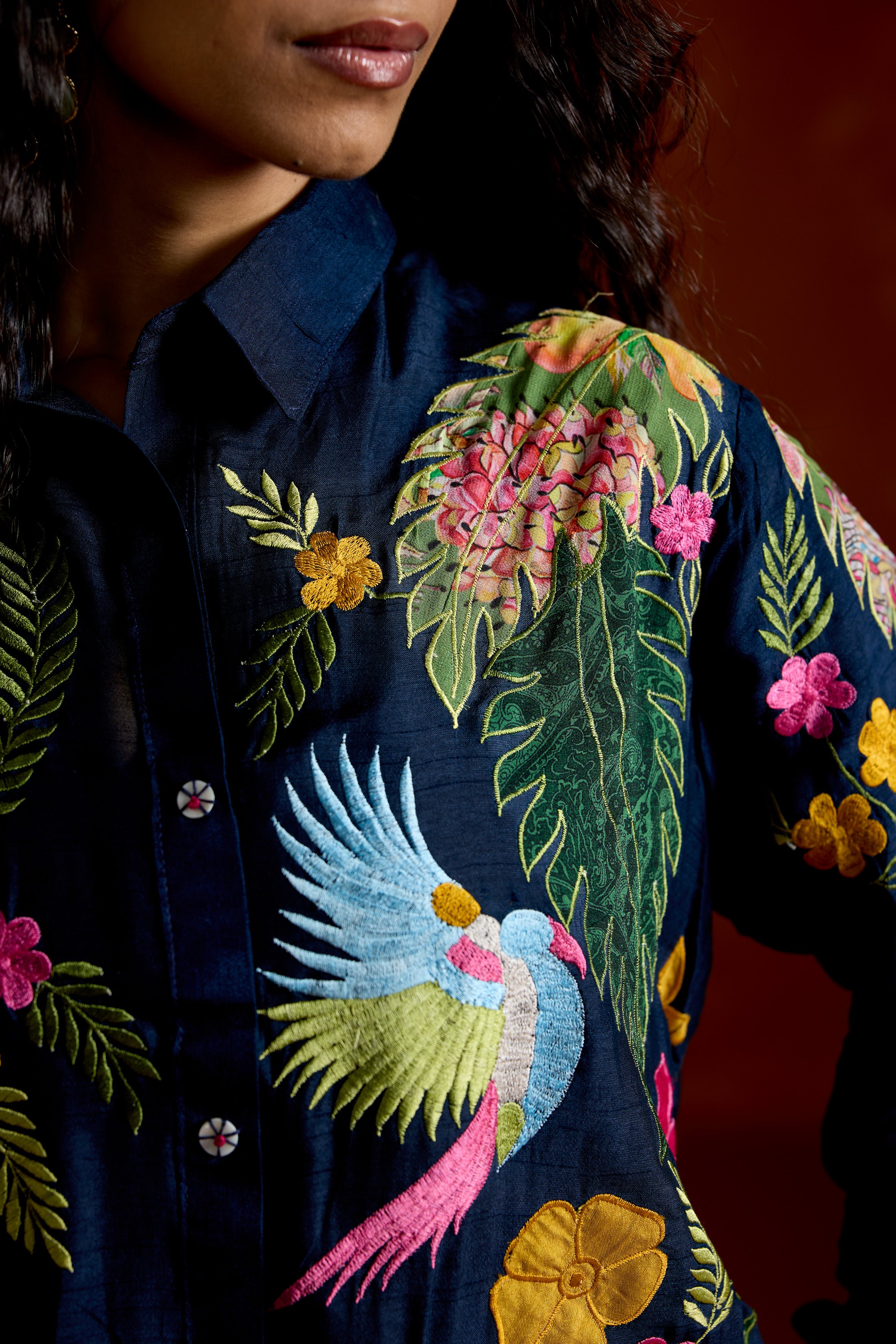 Navy Blue Embroidered Raw Silk Co-Ord Set