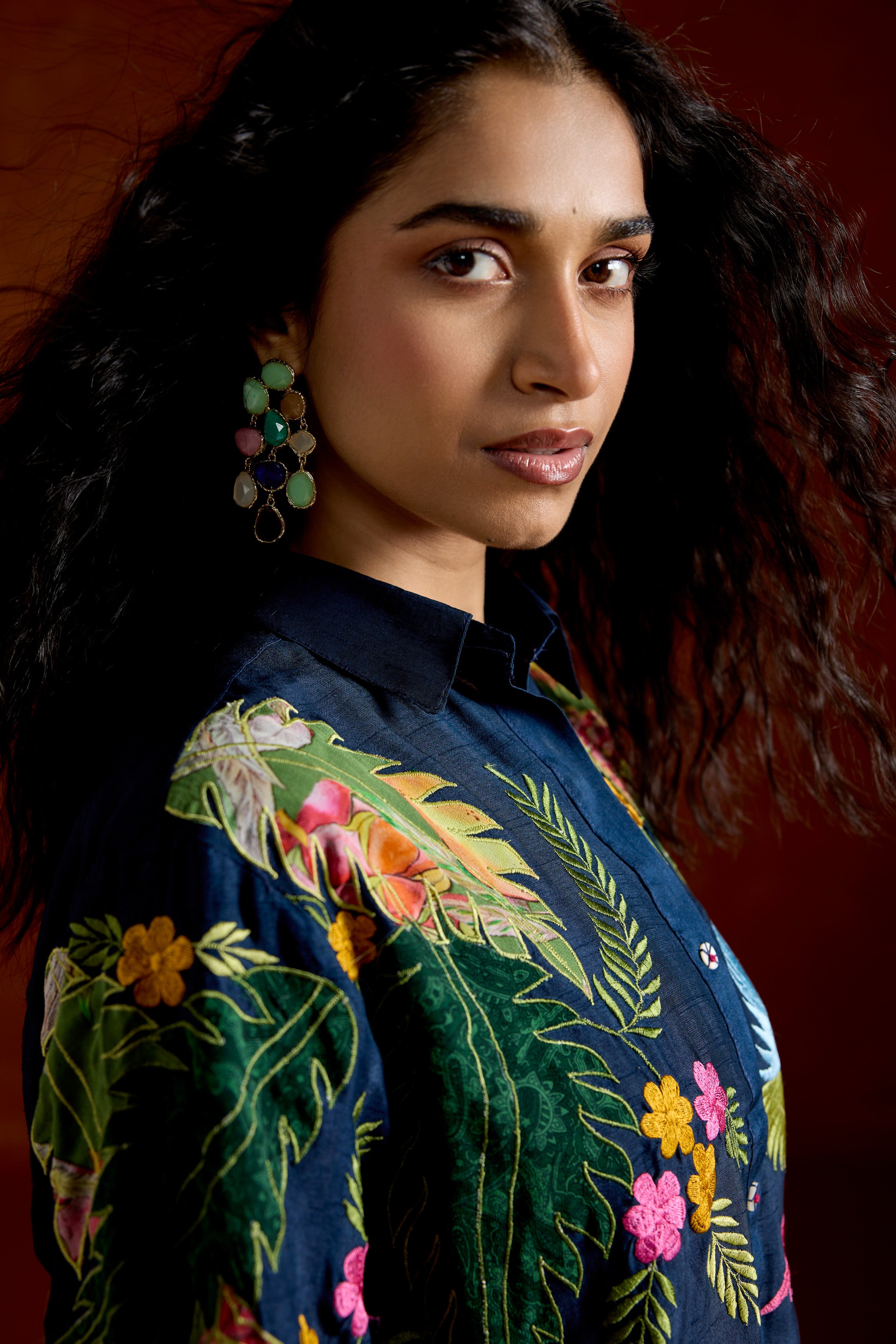 Navy Blue Embroidered Raw Silk Co-Ord Set