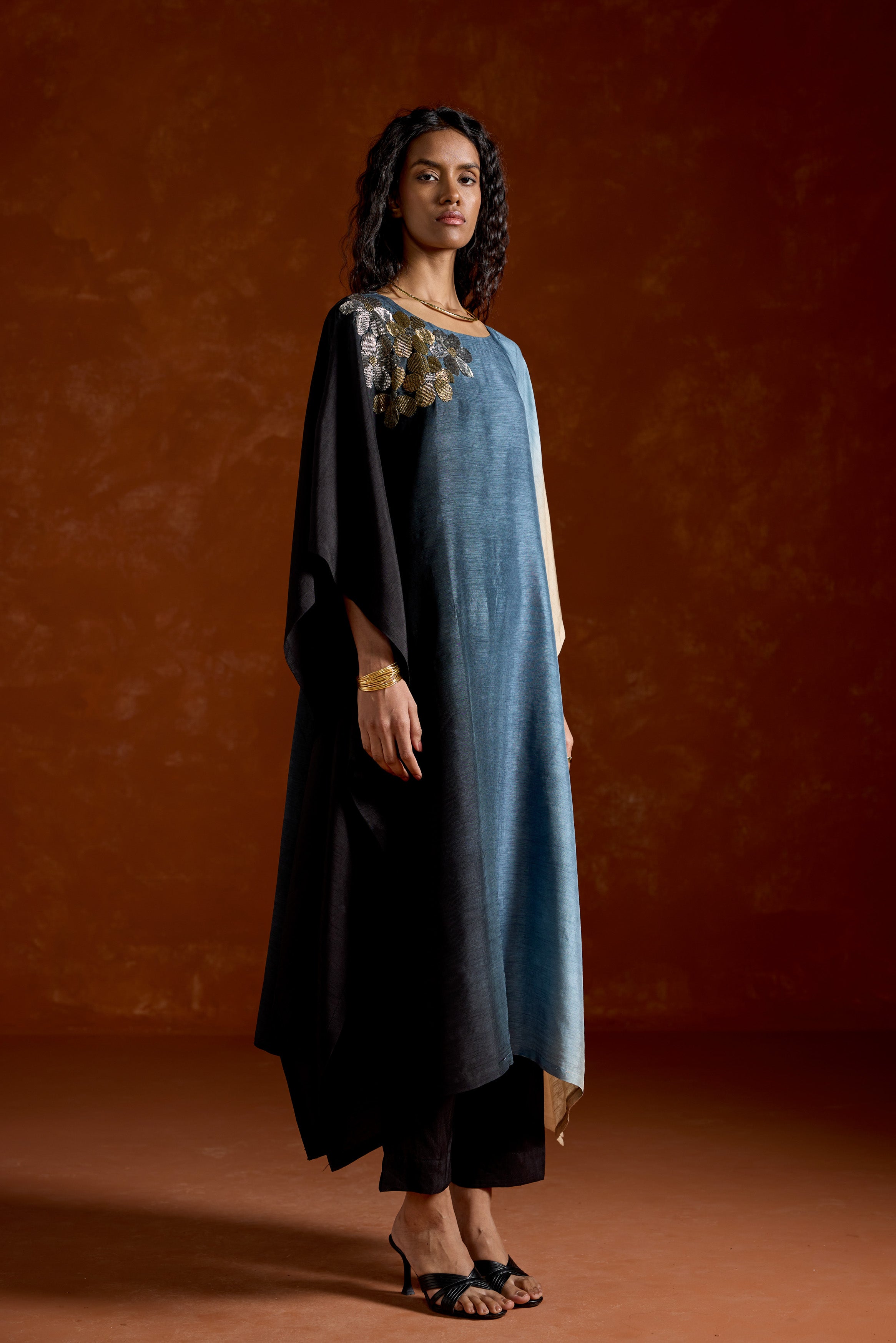 Deep Blue Embellished Ombre Kaftan Set