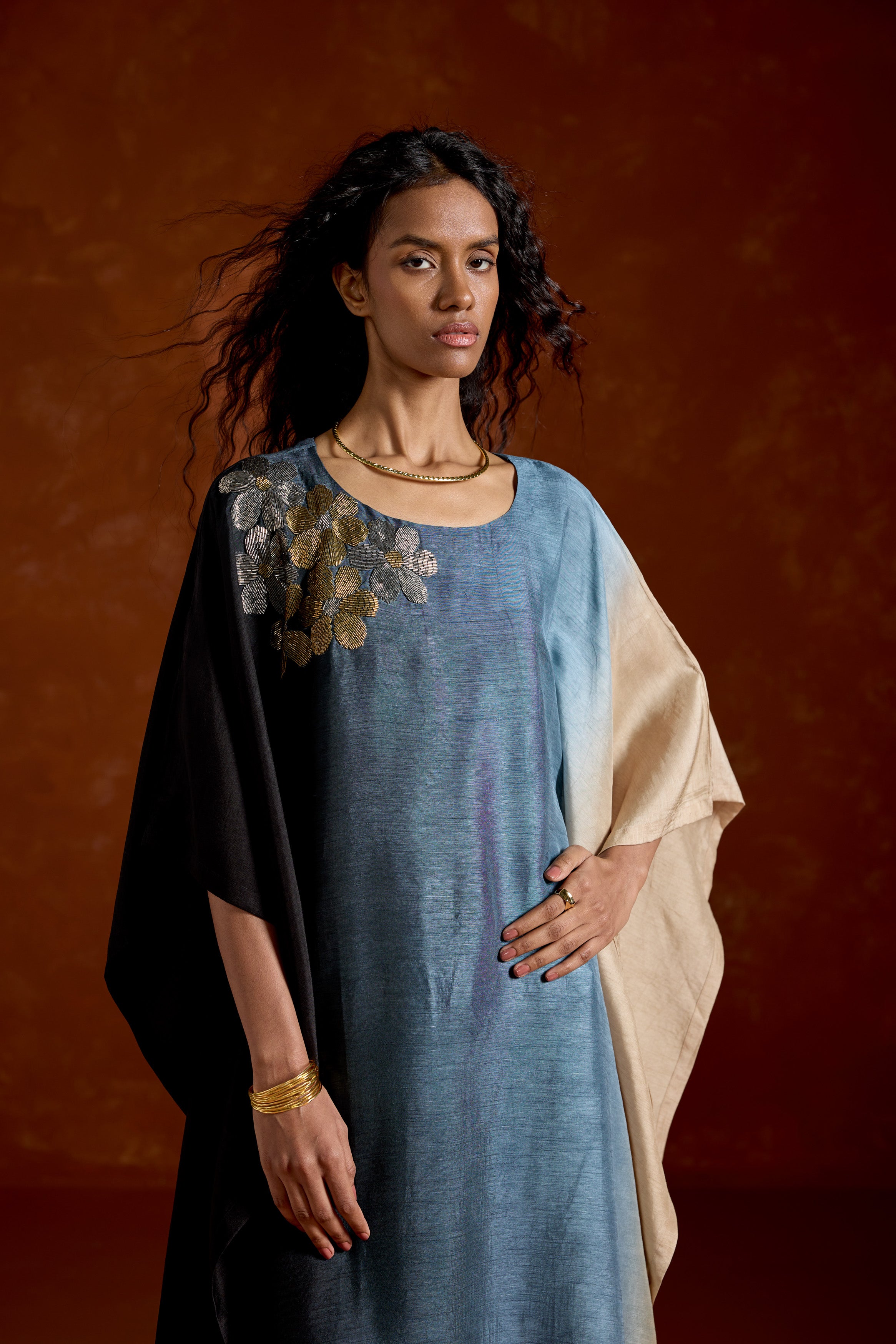 Deep Blue Embellished Ombre Kaftan Set