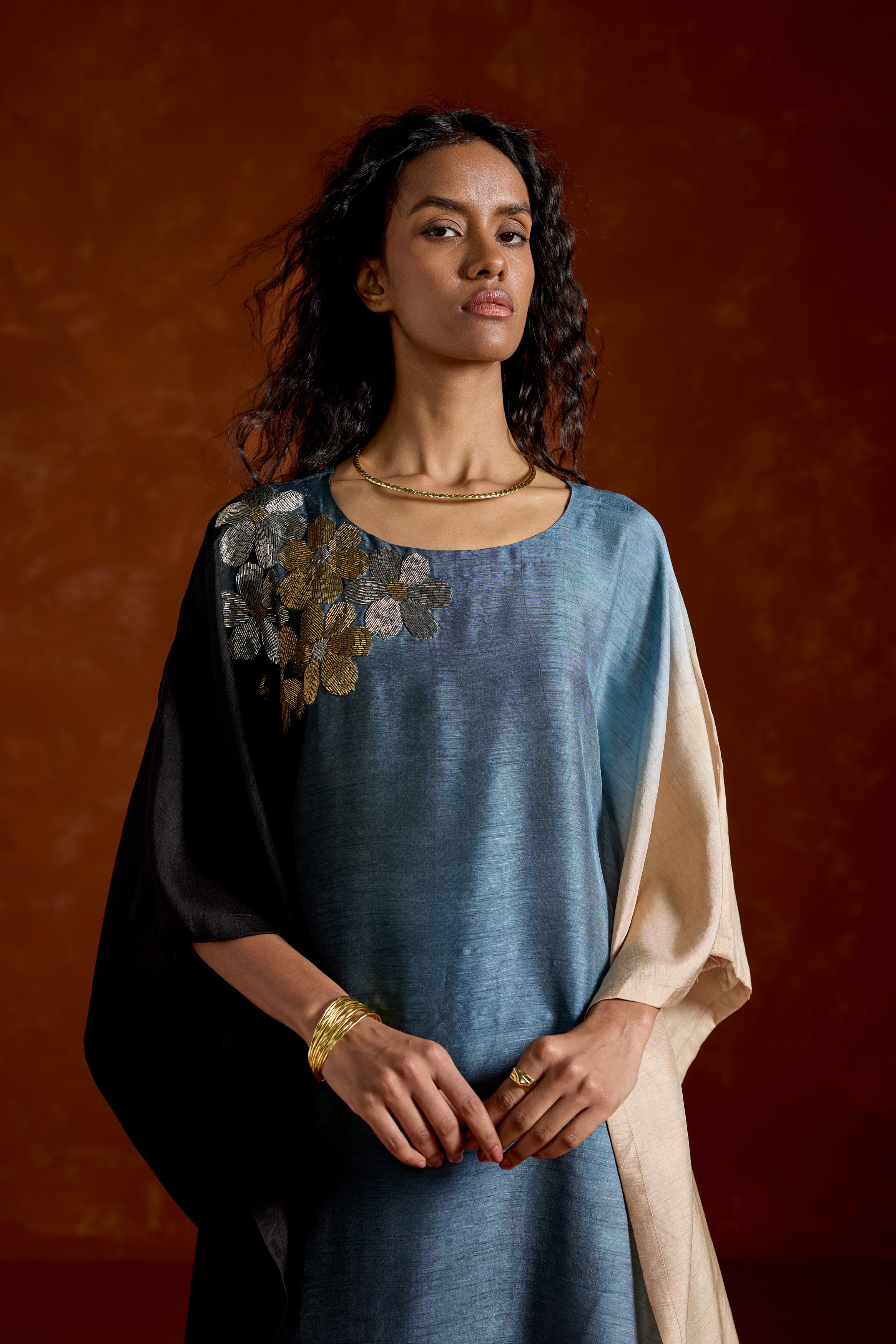 Deep Blue Embellished Ombre Kaftan Set