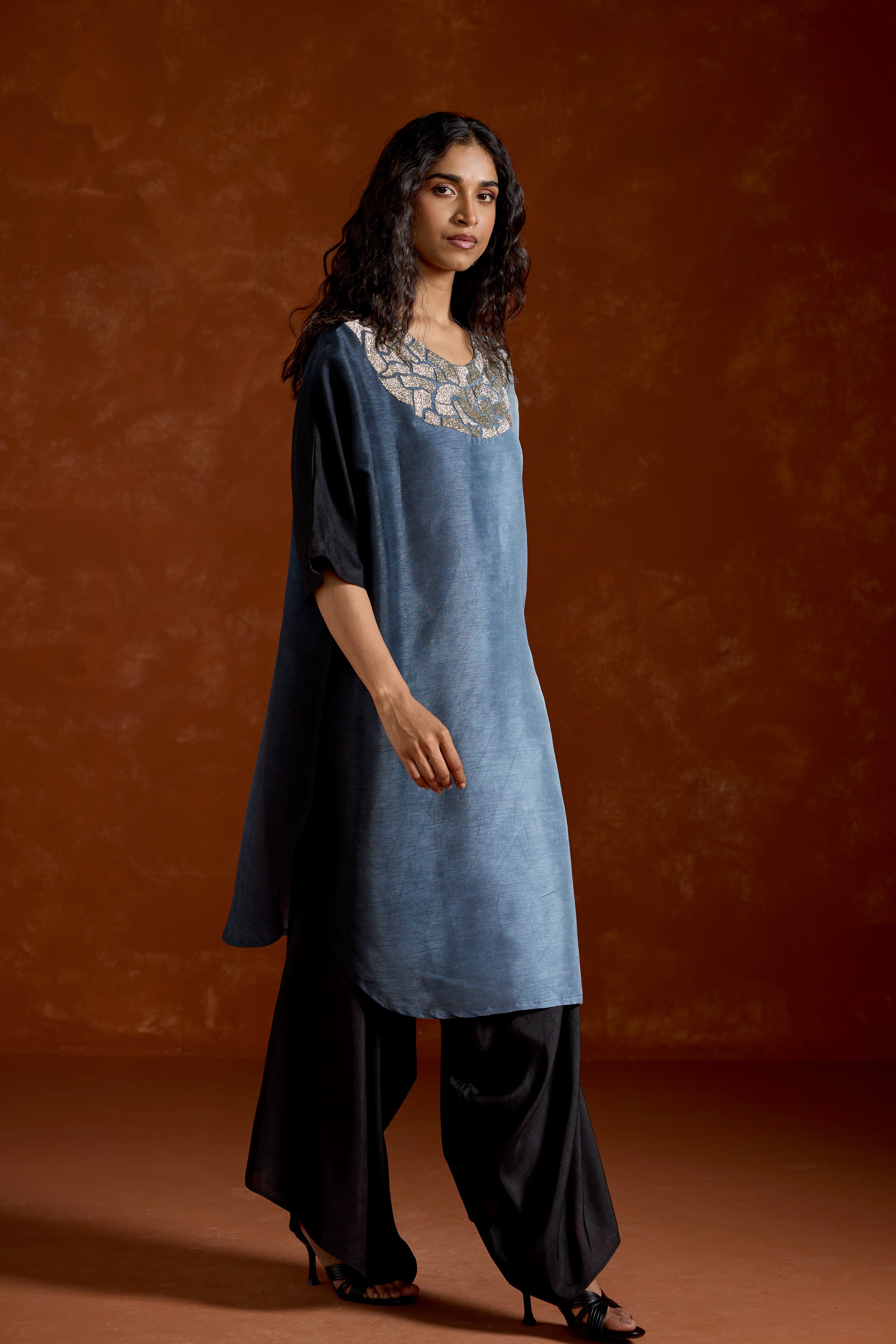 Smoky Blue Embellished Raw Silk Tunic Set