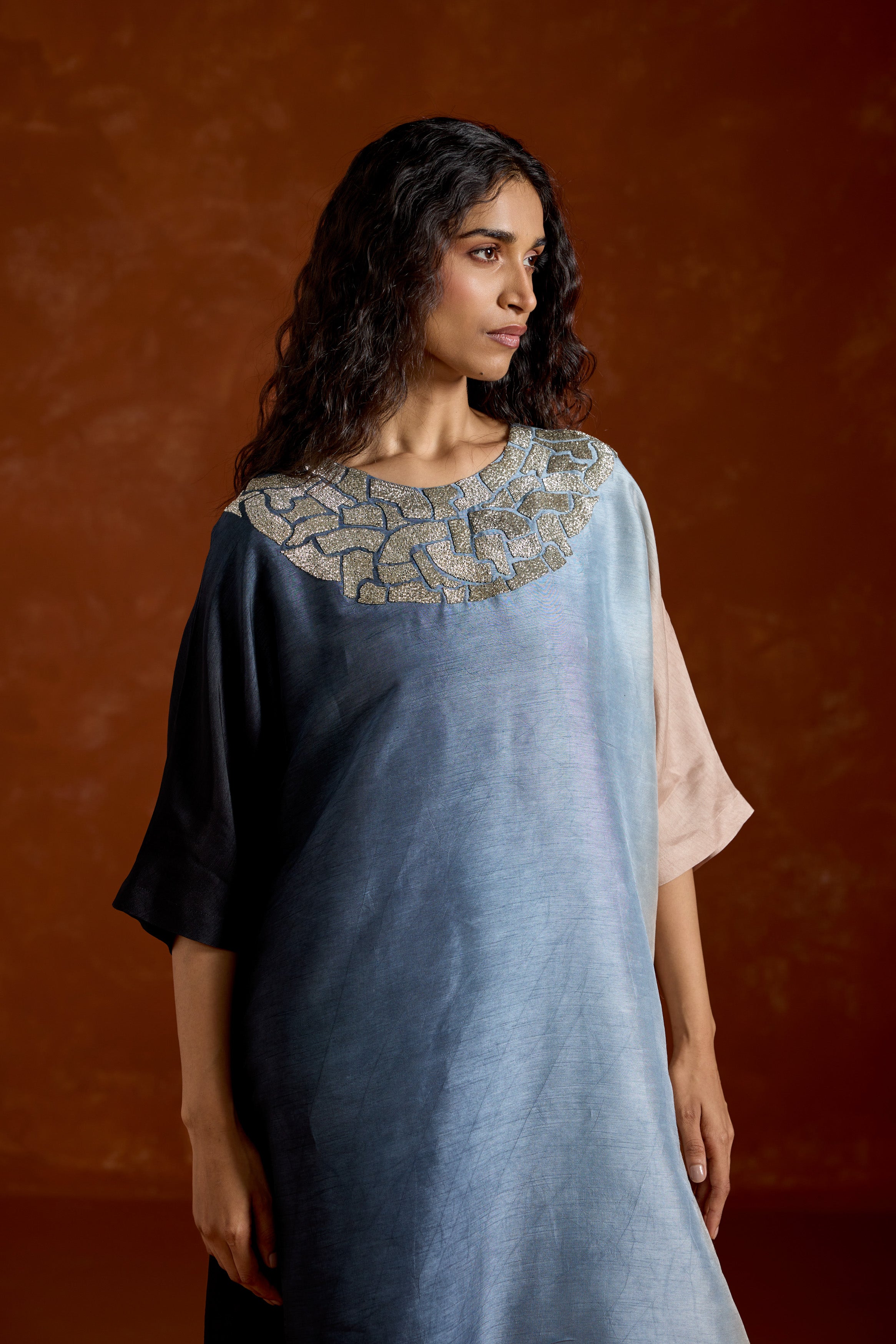 Smoky Blue Embellished Raw Silk Tunic Set