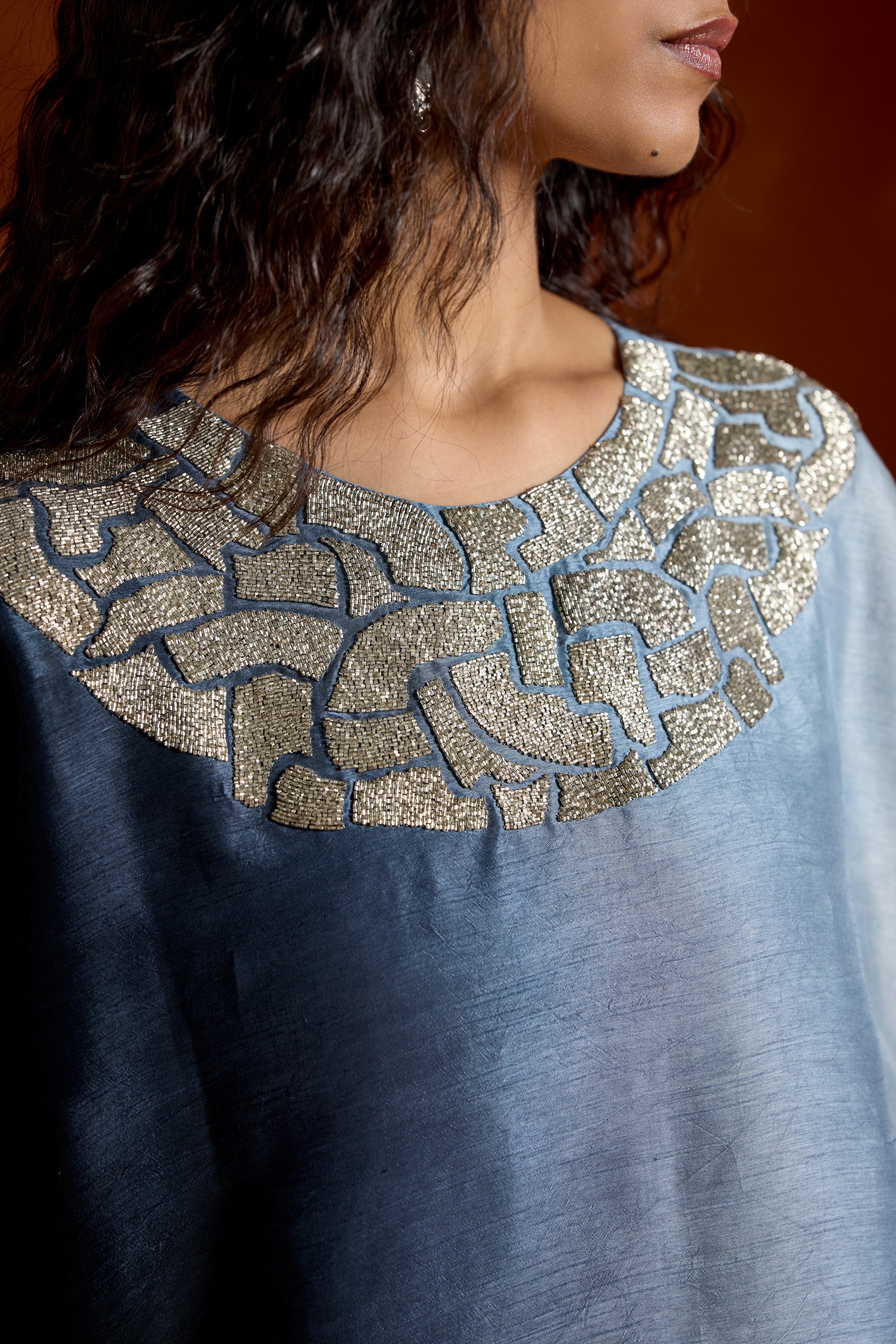 Smoky Blue Embellished Raw Silk Tunic Set