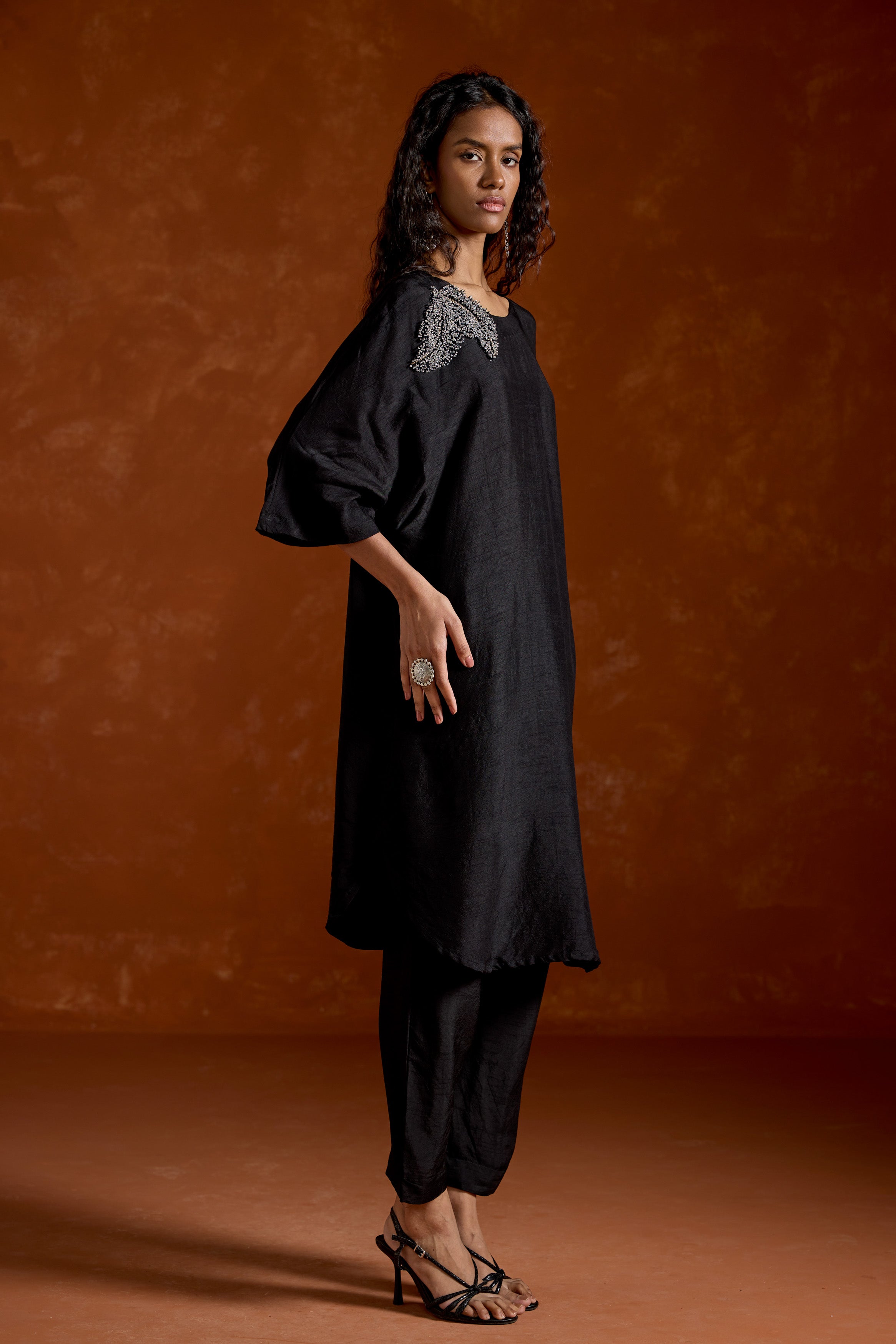 Black Embellished Raw Silk Kurta Set
