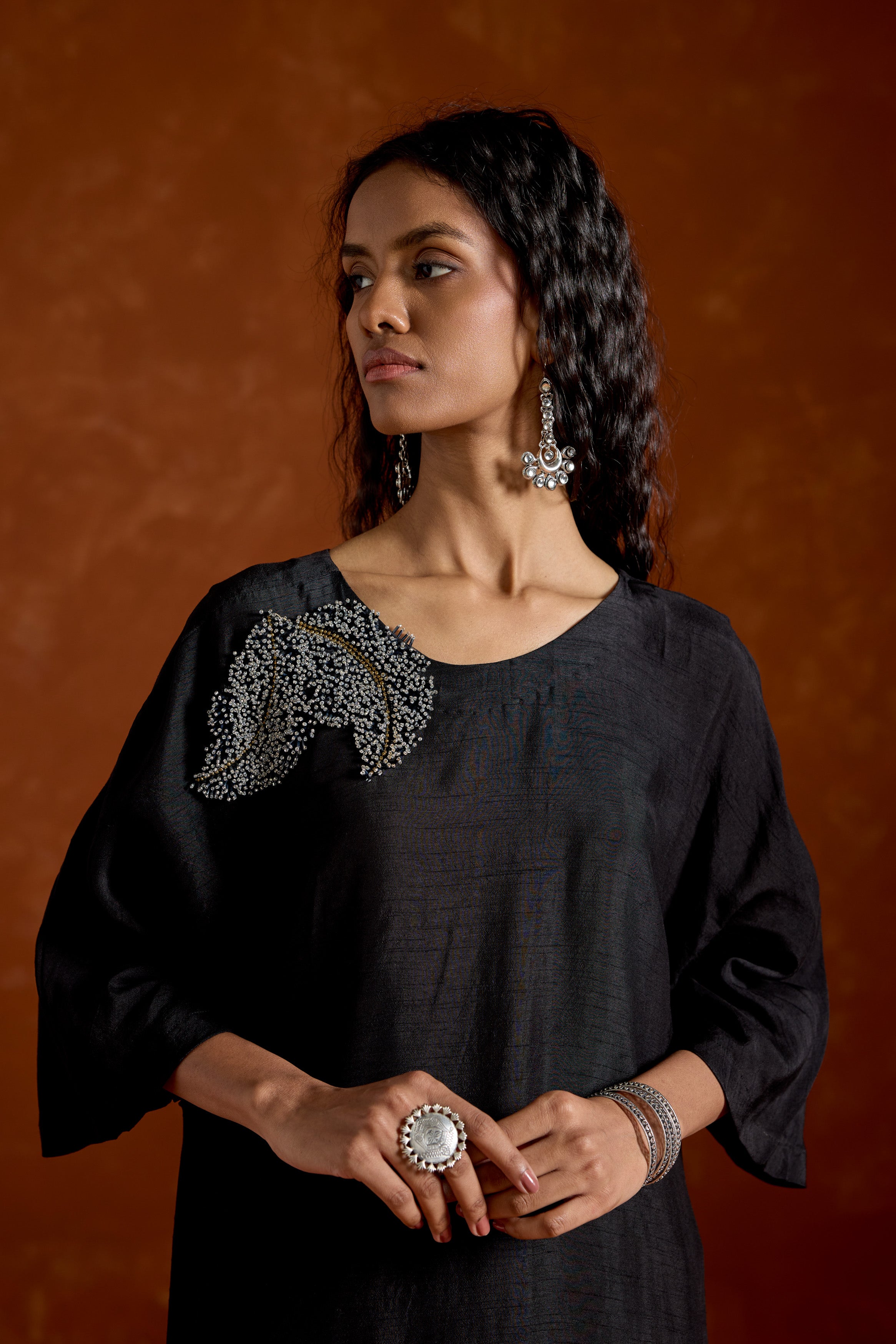 Black Embellished Raw Silk Kurta Set