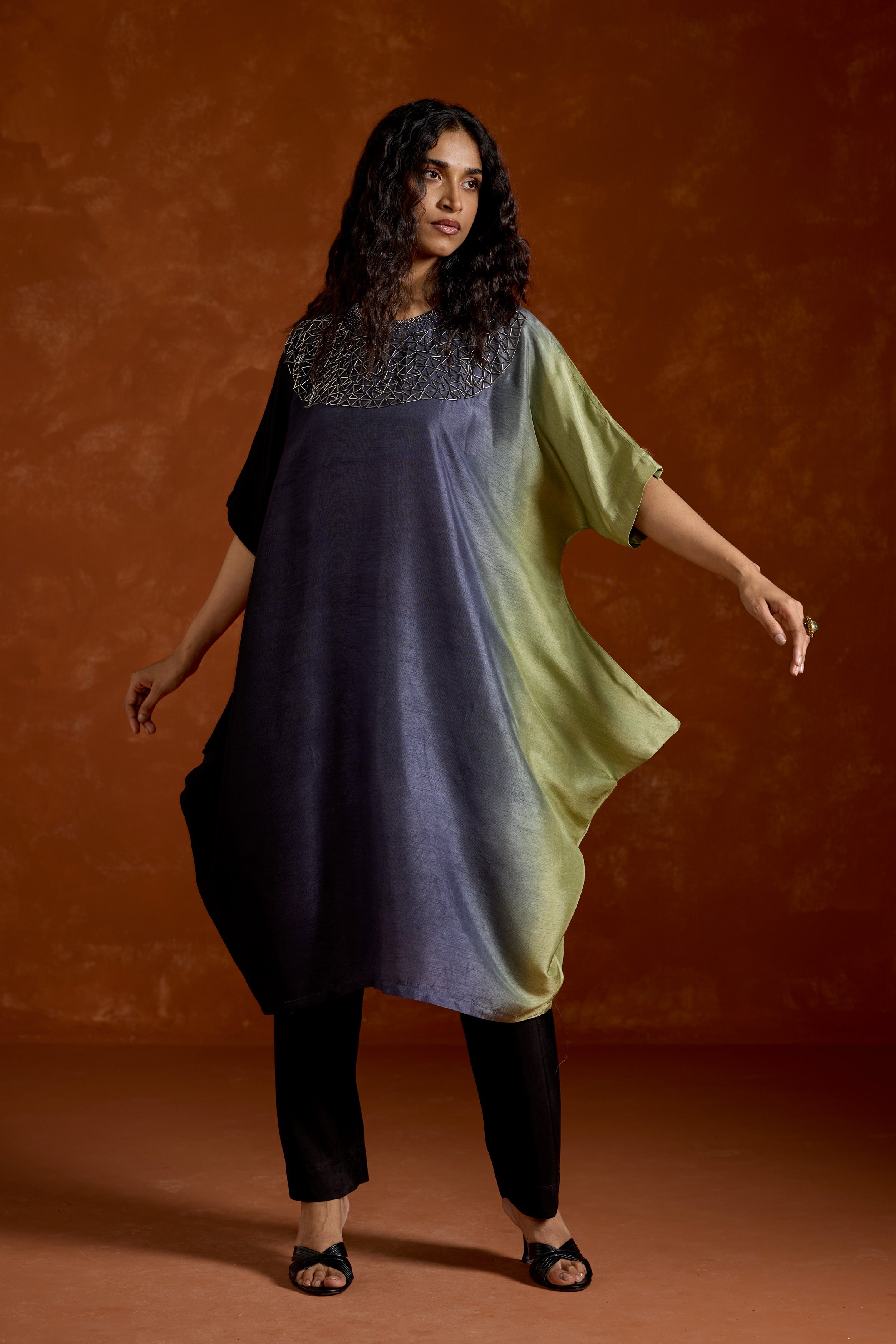 Navy Blue Embellished Raw Silk Kaftan Set