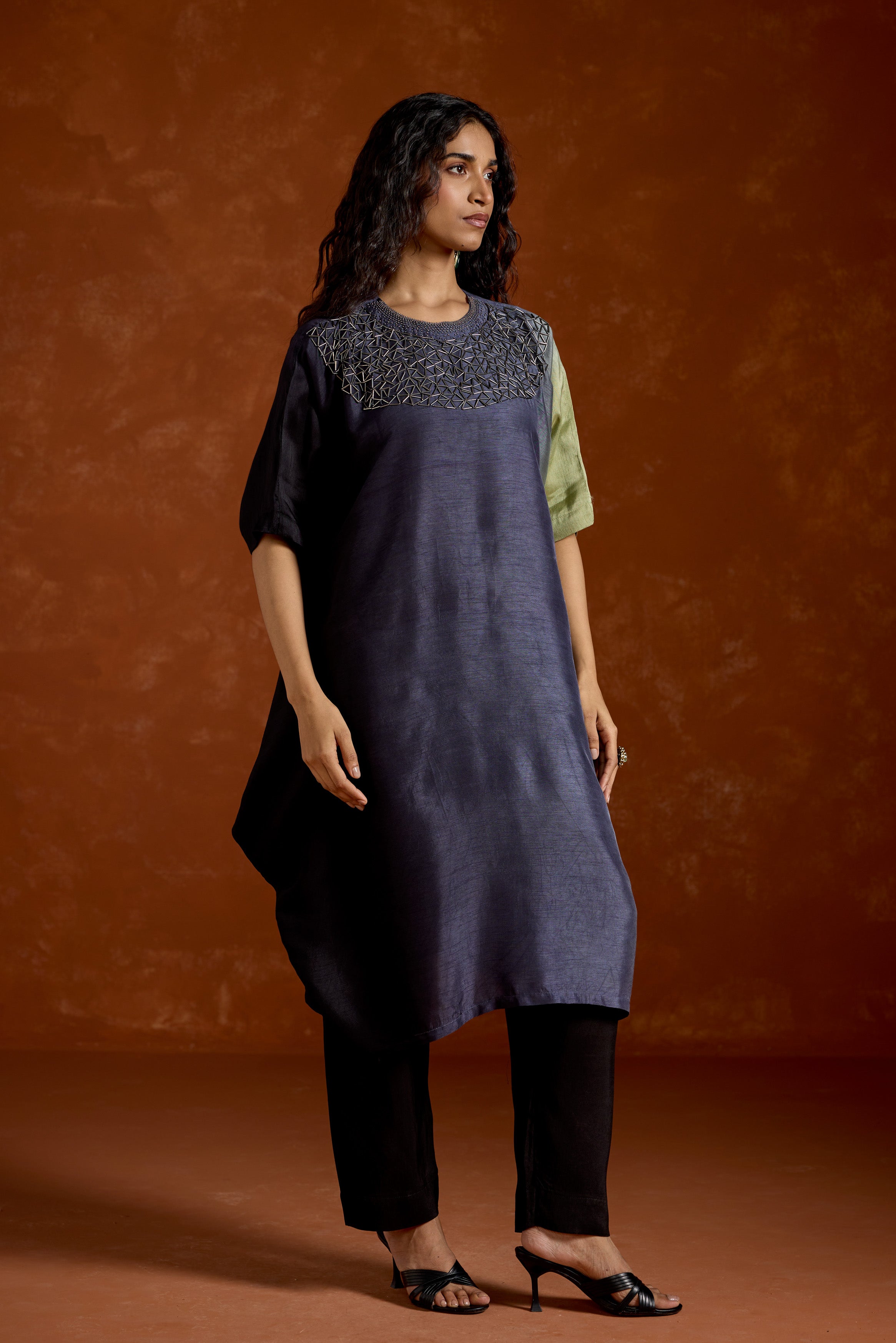 Navy Blue Embellished Raw Silk Kaftan Set